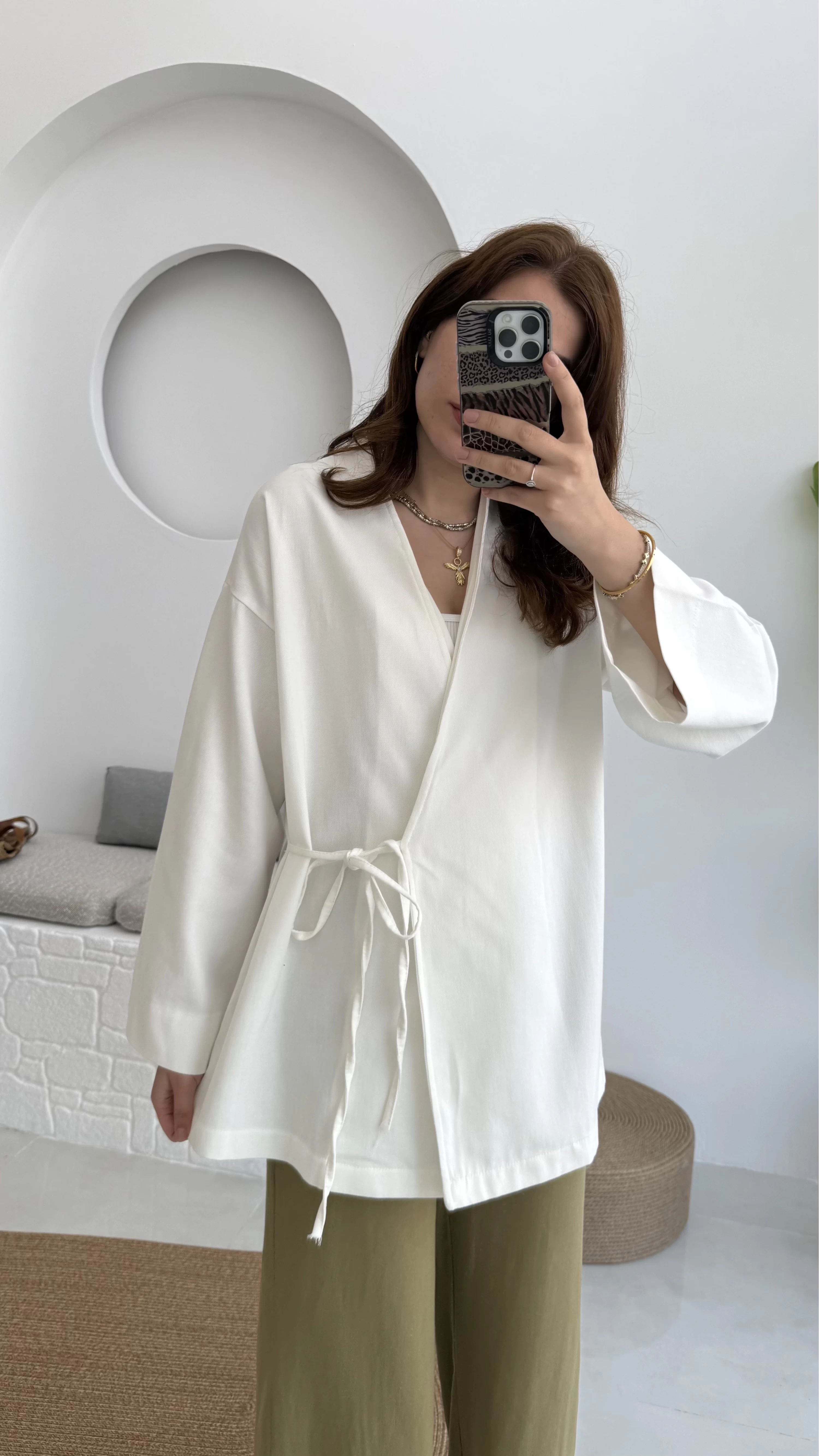 Tuus Keten Kimono Yandan Bağlamalı Beyaz