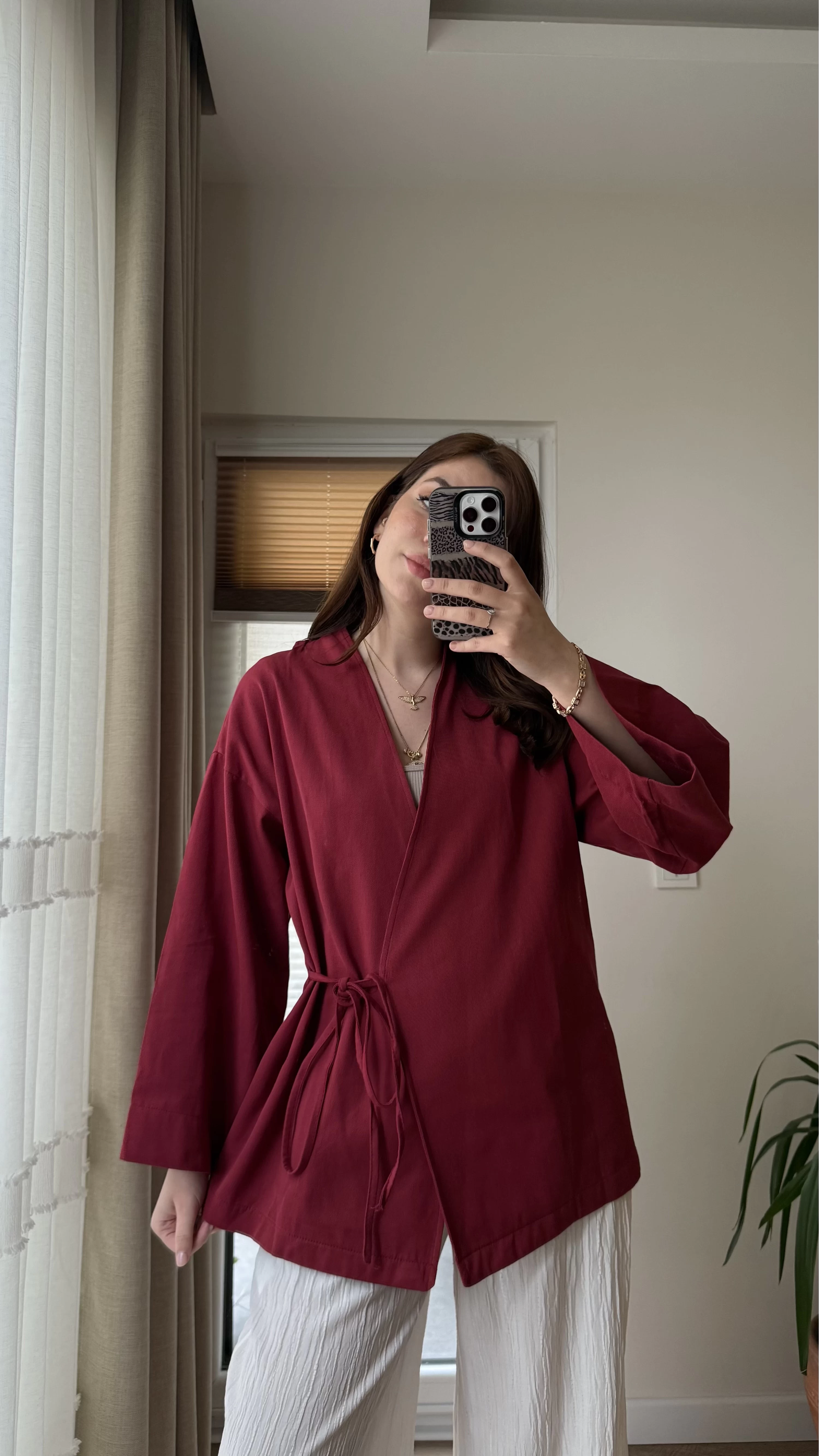 Tuus Keten Kimono Yandan Bağlamalı Bordo