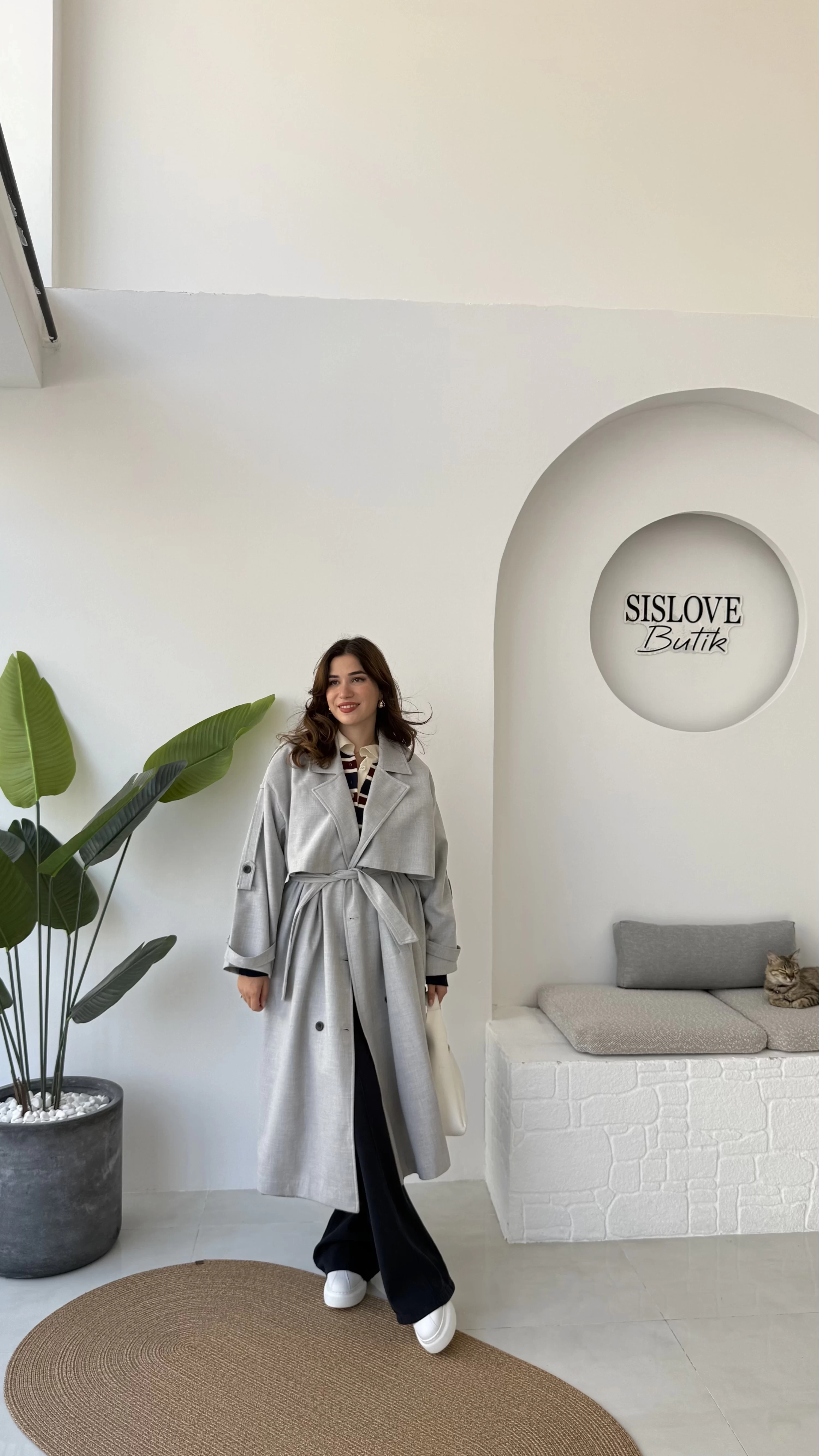 Ultra Premium Kuşaklı Trençkot - Gri - Kod: 9476