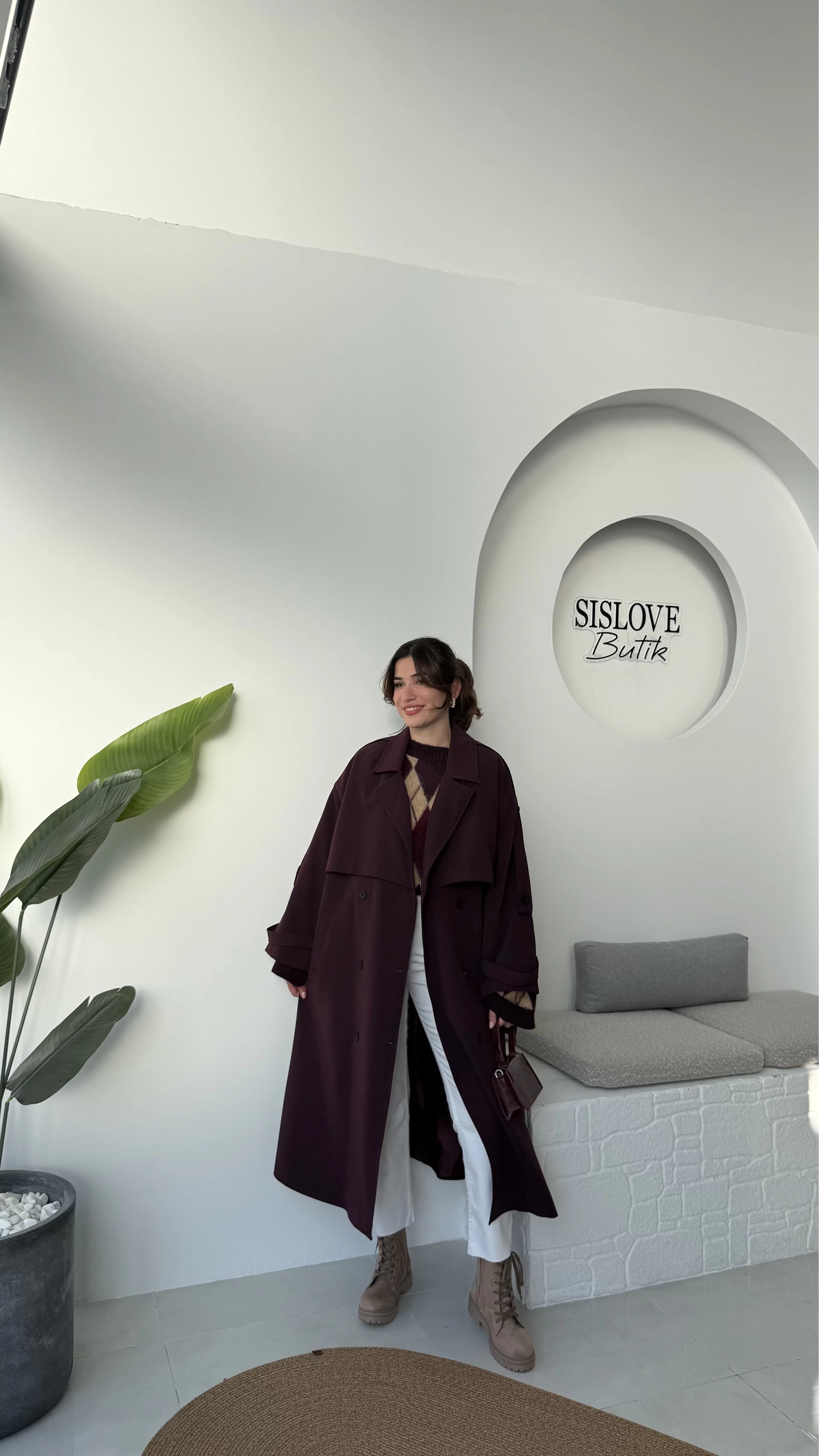 Ultra Premium Kuşaklı Trençkot - Mürdüm - Kod: 9476