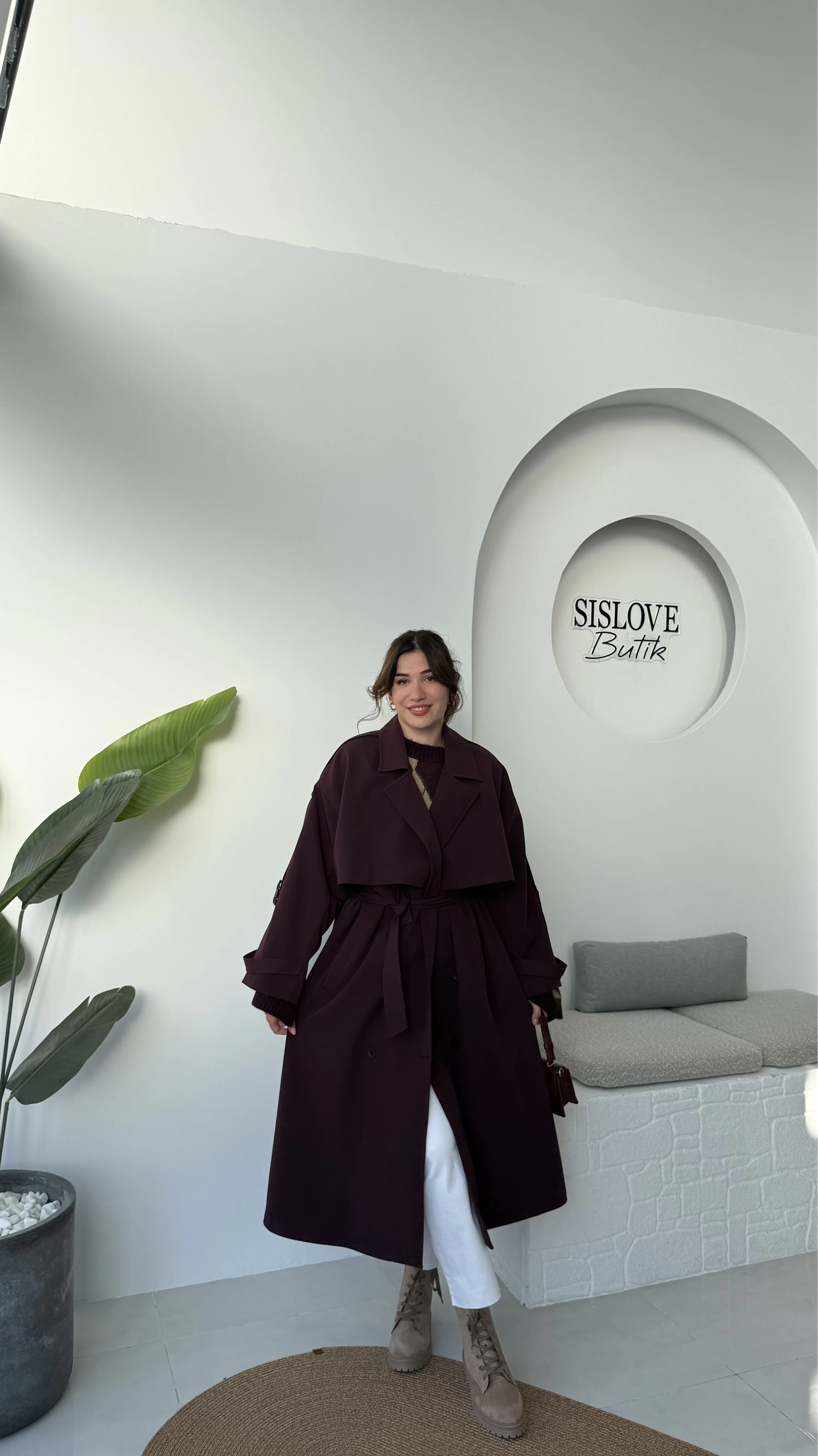 Ultra Premium Kuşaklı Trençkot - Mürdüm - Kod: 9476