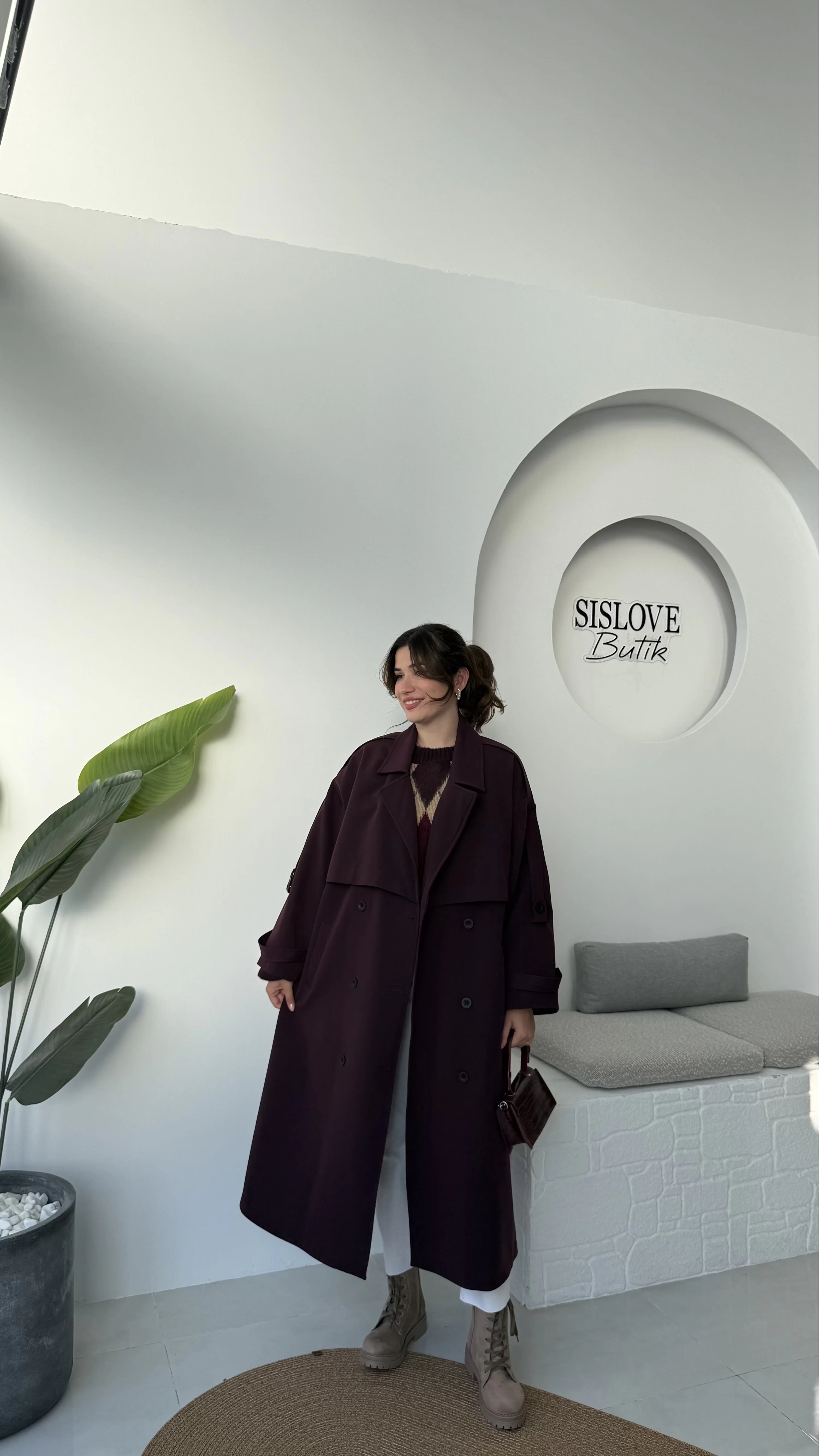 Ultra Premium Kuşaklı Trençkot - Mürdüm - Kod: 9476