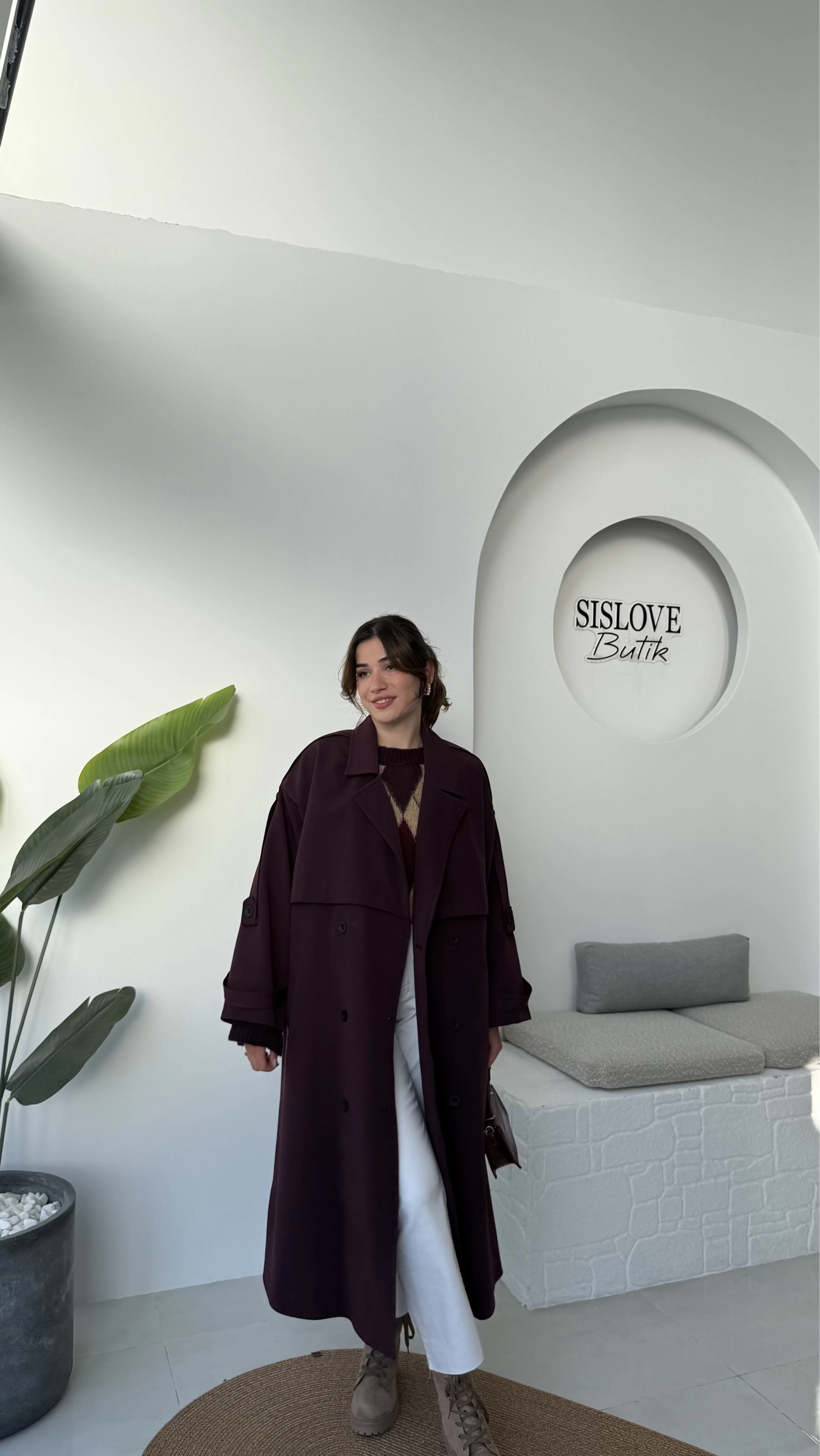 Ultra Premium Kuşaklı Trençkot - Mürdüm - Kod: 9476