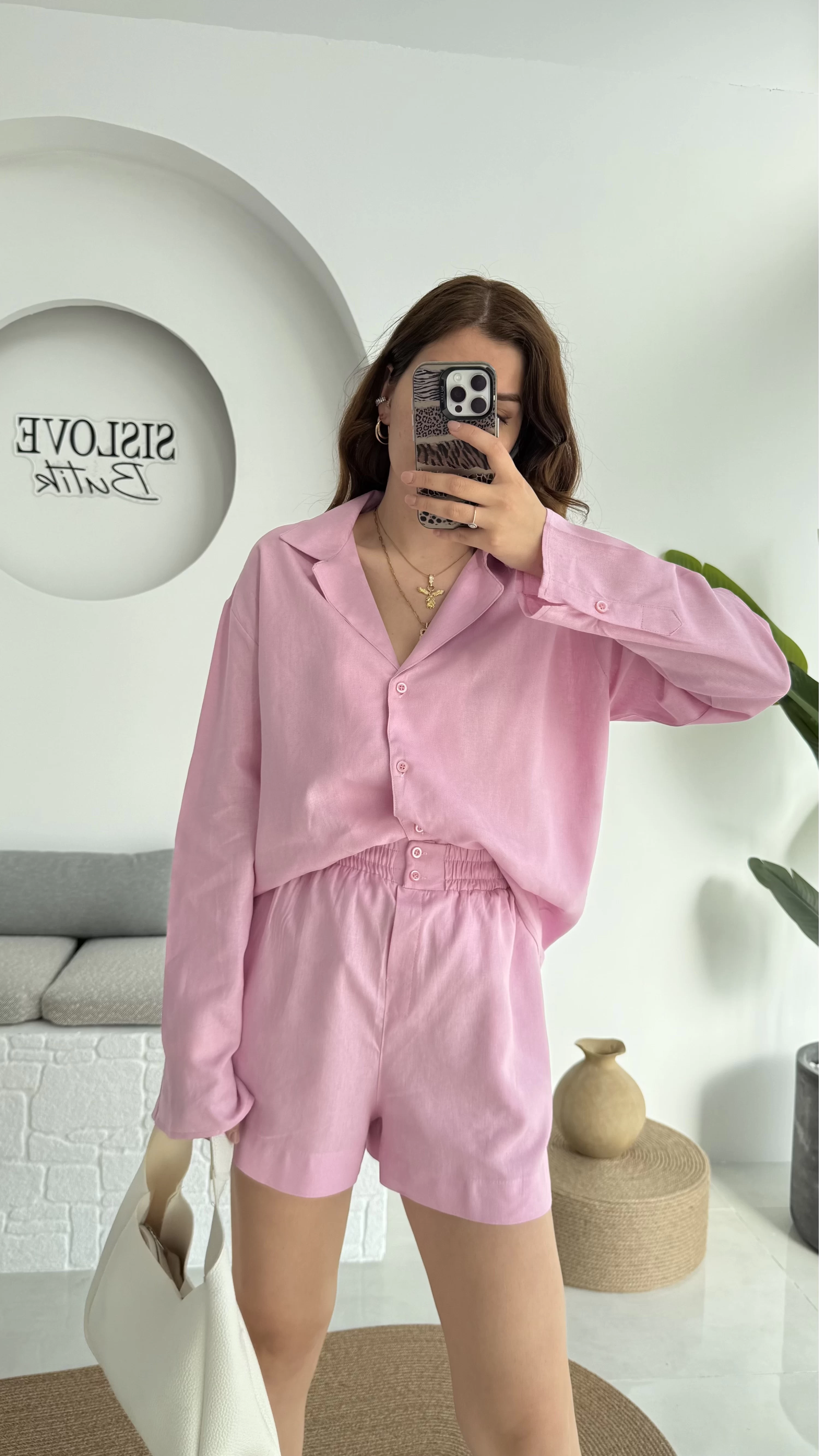 V Yaka Keten Şort Gömlek Takım Pembe
