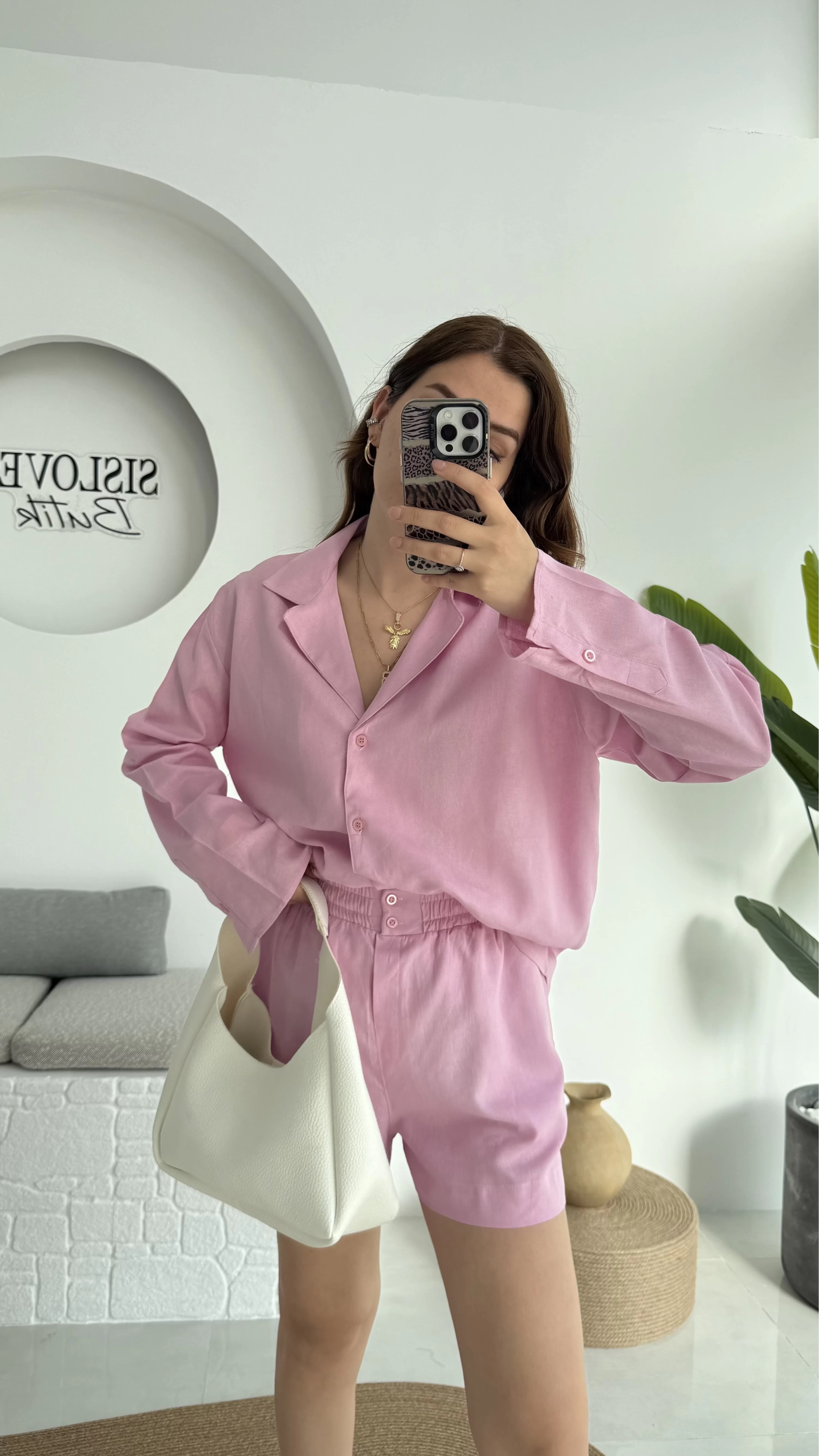 V Yaka Keten Şort Gömlek Takım Pembe