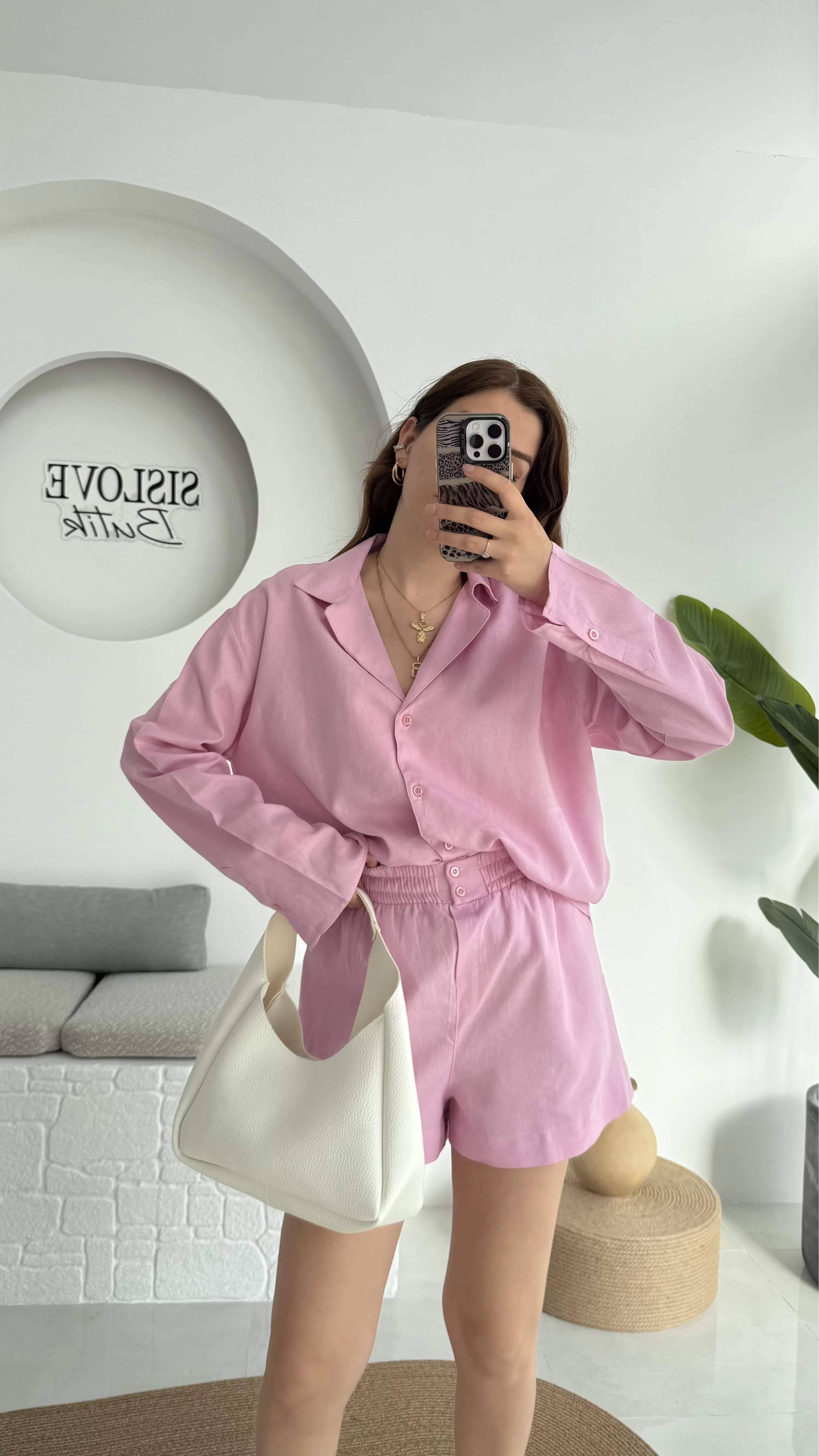 V Yaka Keten Şort Gömlek Takım Pembe