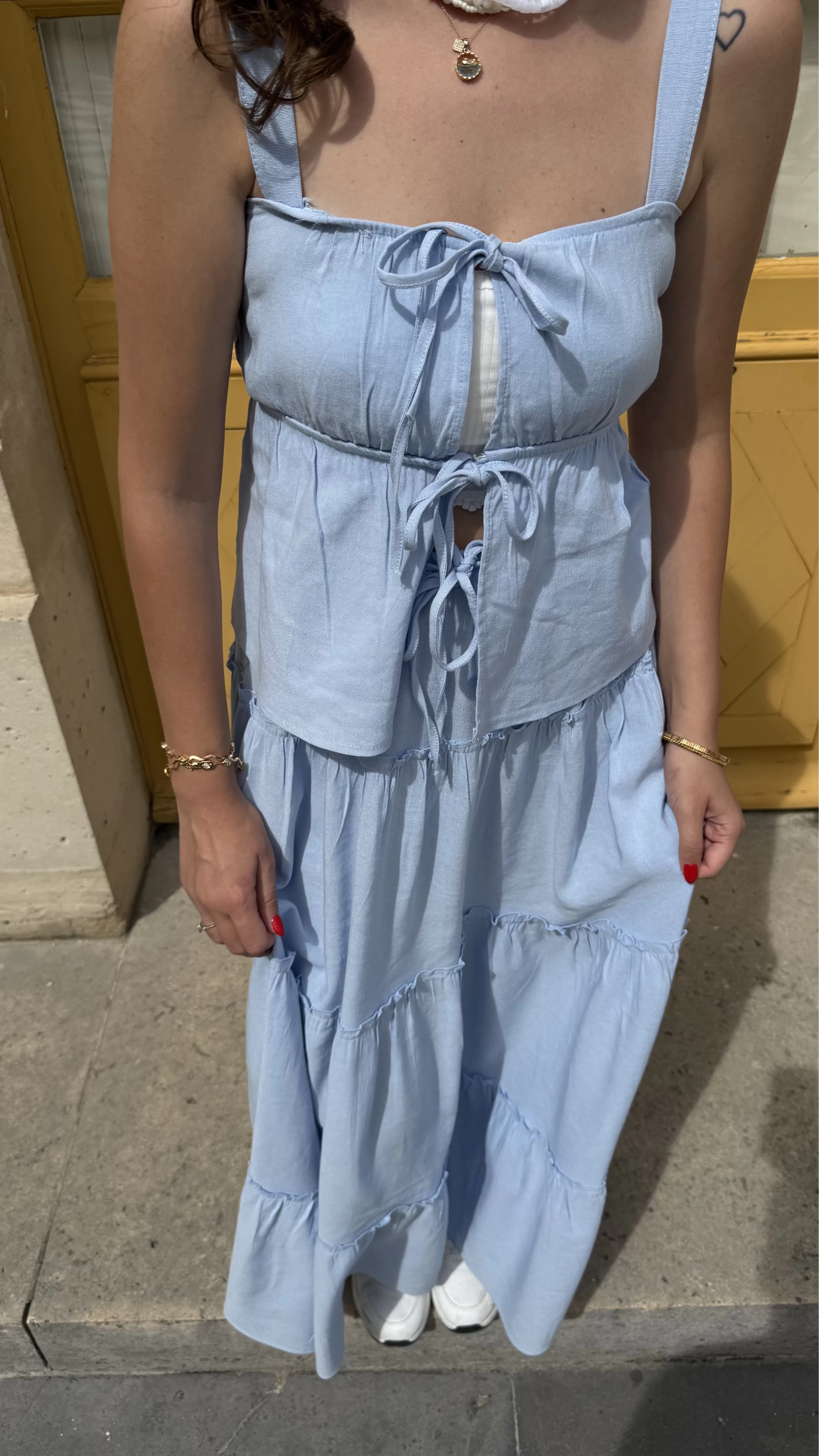 Vanessa Katlı Bağlamalı Bluz Etek Takım - Mavi - 30358