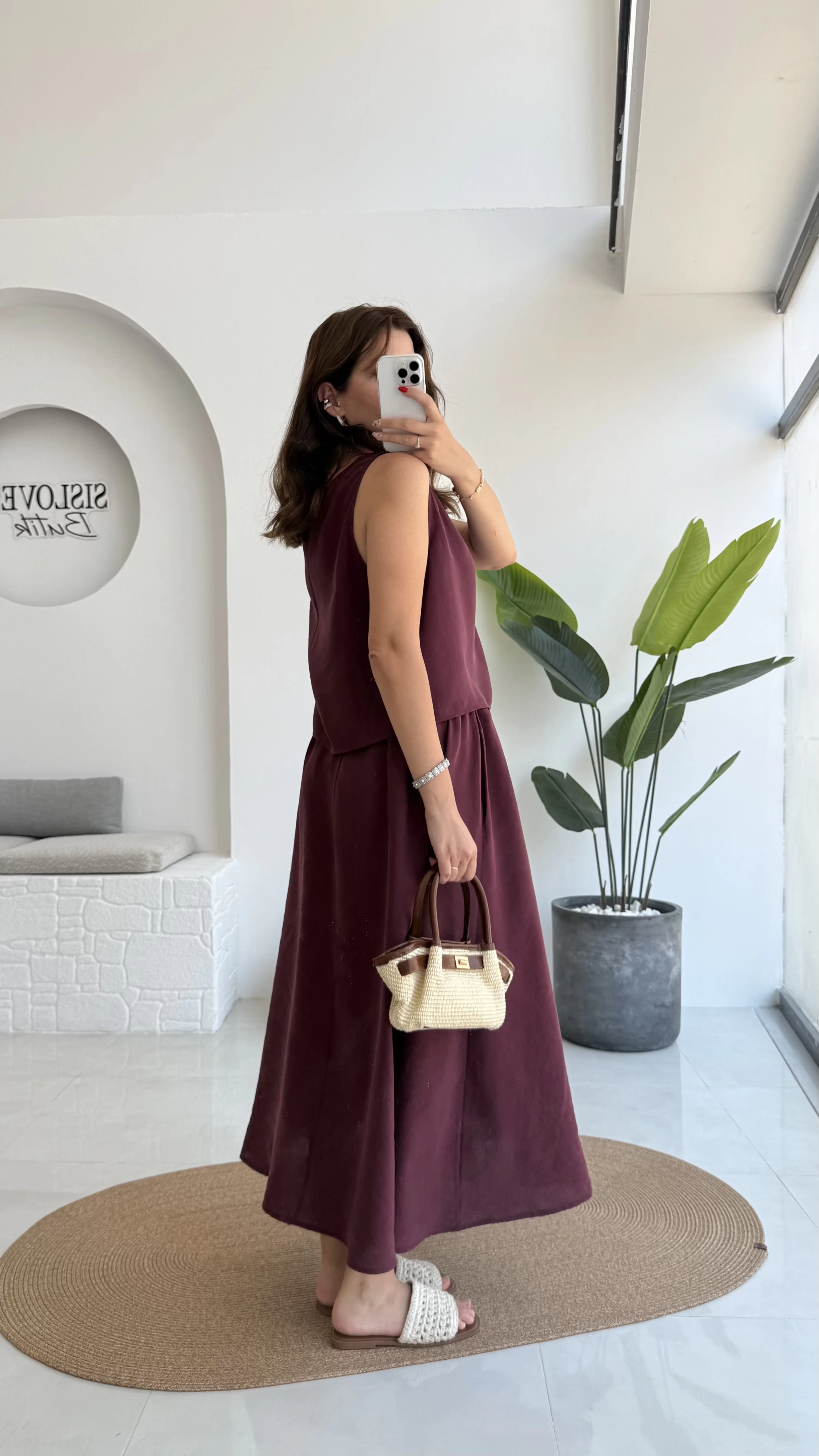 Velma Kalın Askılı Bluz Midi Etek Takım - Bordo