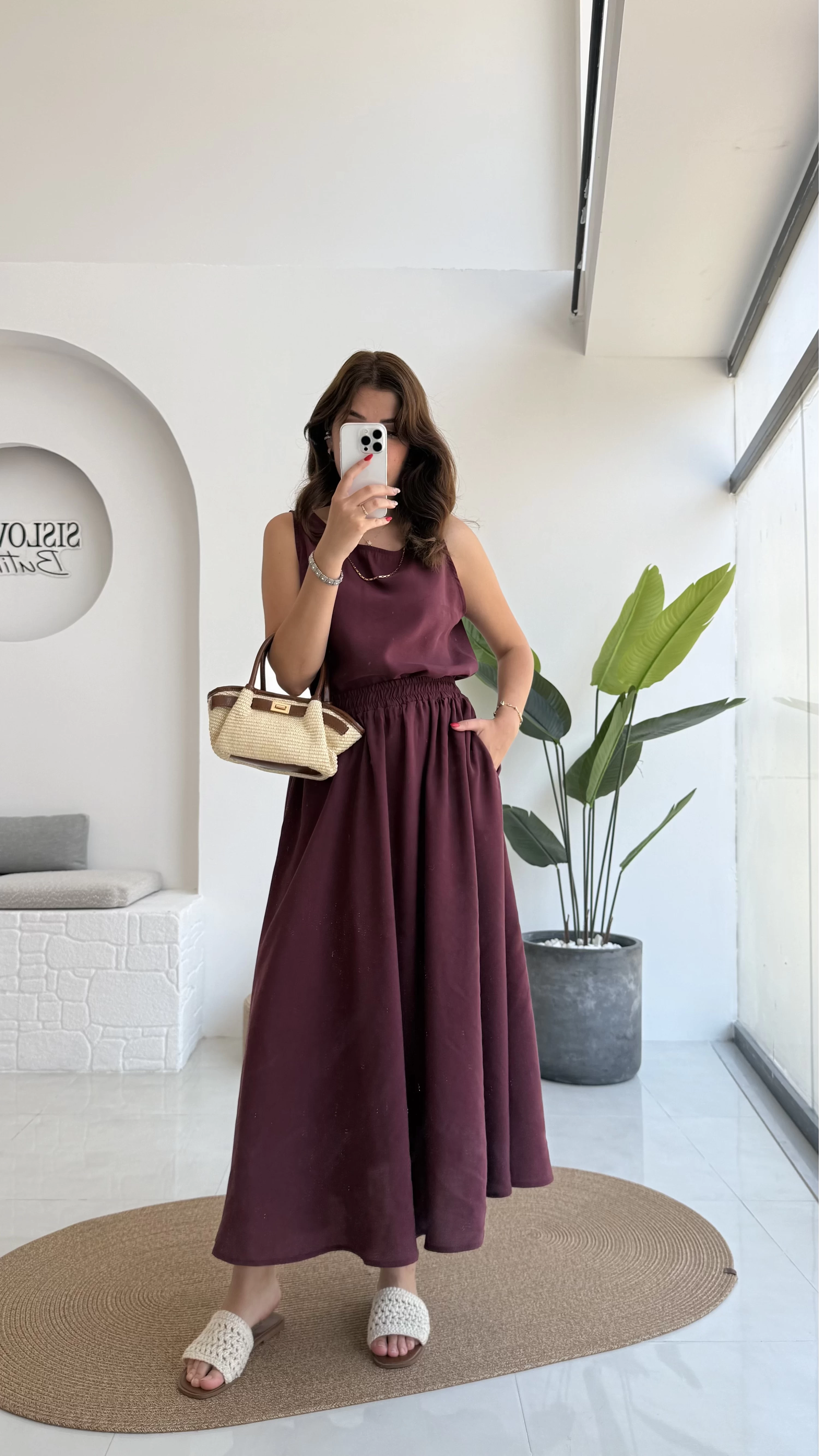 Velma Kalın Askılı Bluz Midi Etek Takım - Bordo