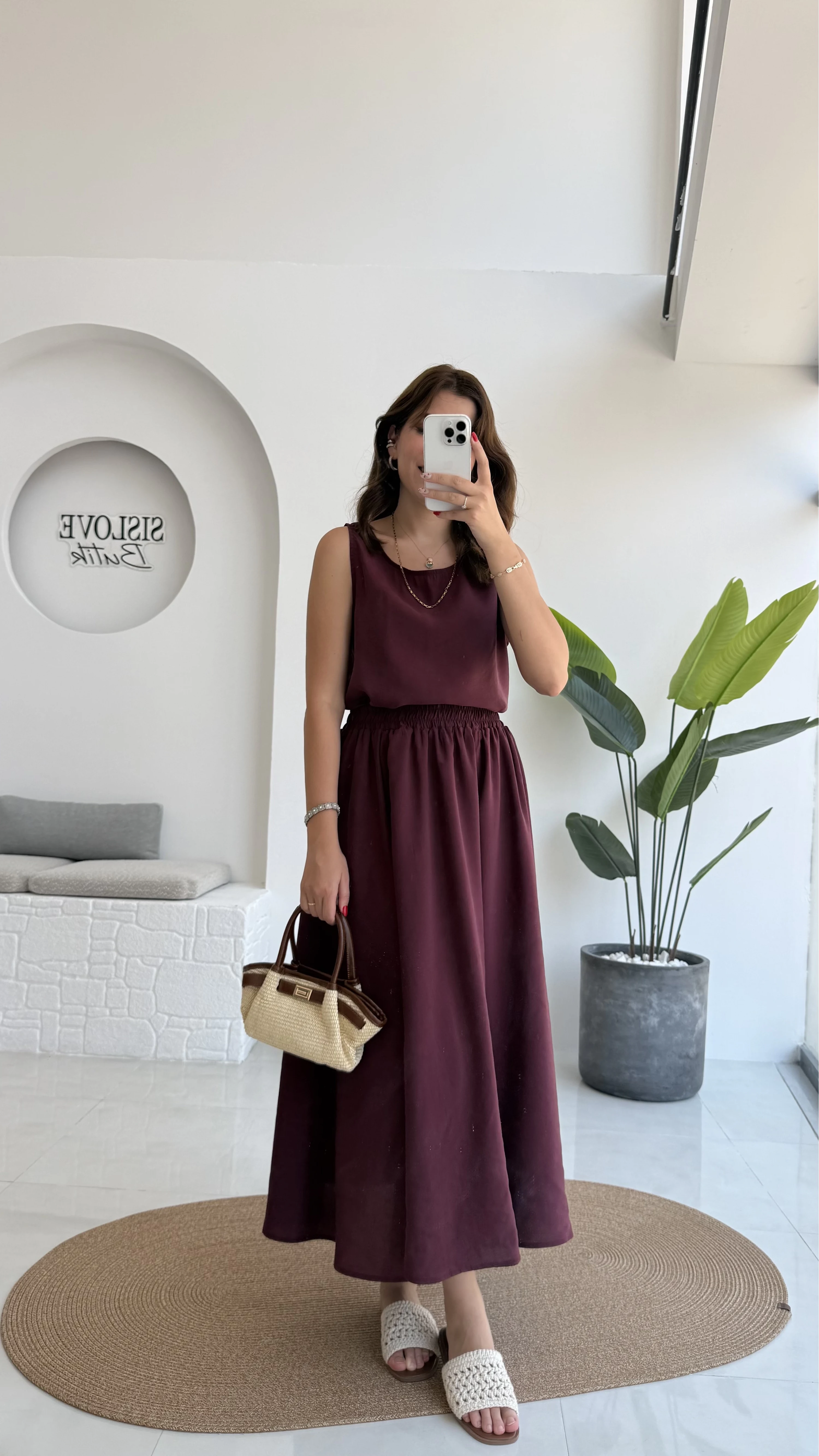 Velma Kalın Askılı Bluz Midi Etek Takım - Bordo