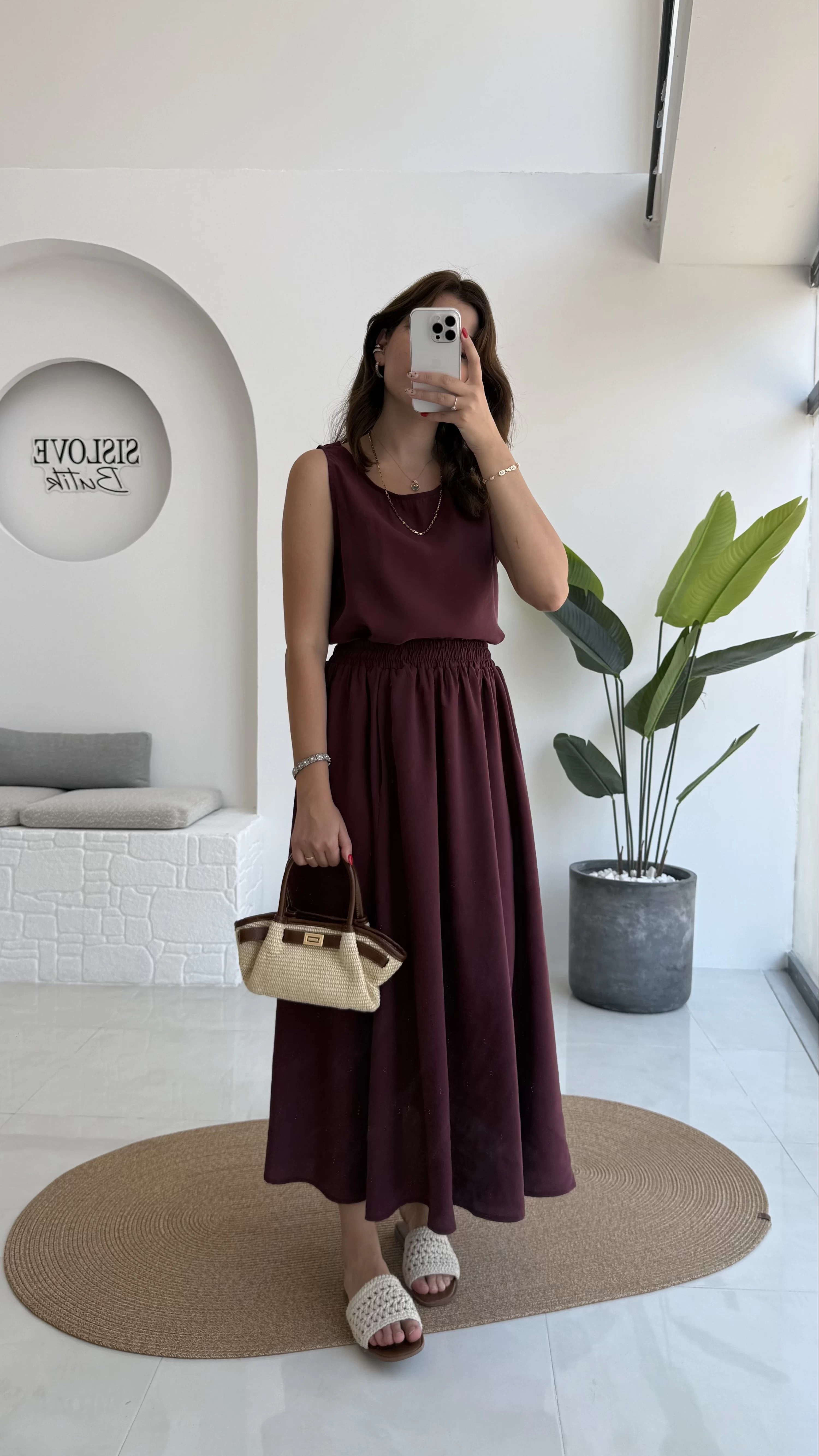 Velma Kalın Askılı Bluz Midi Etek Takım - Bordo