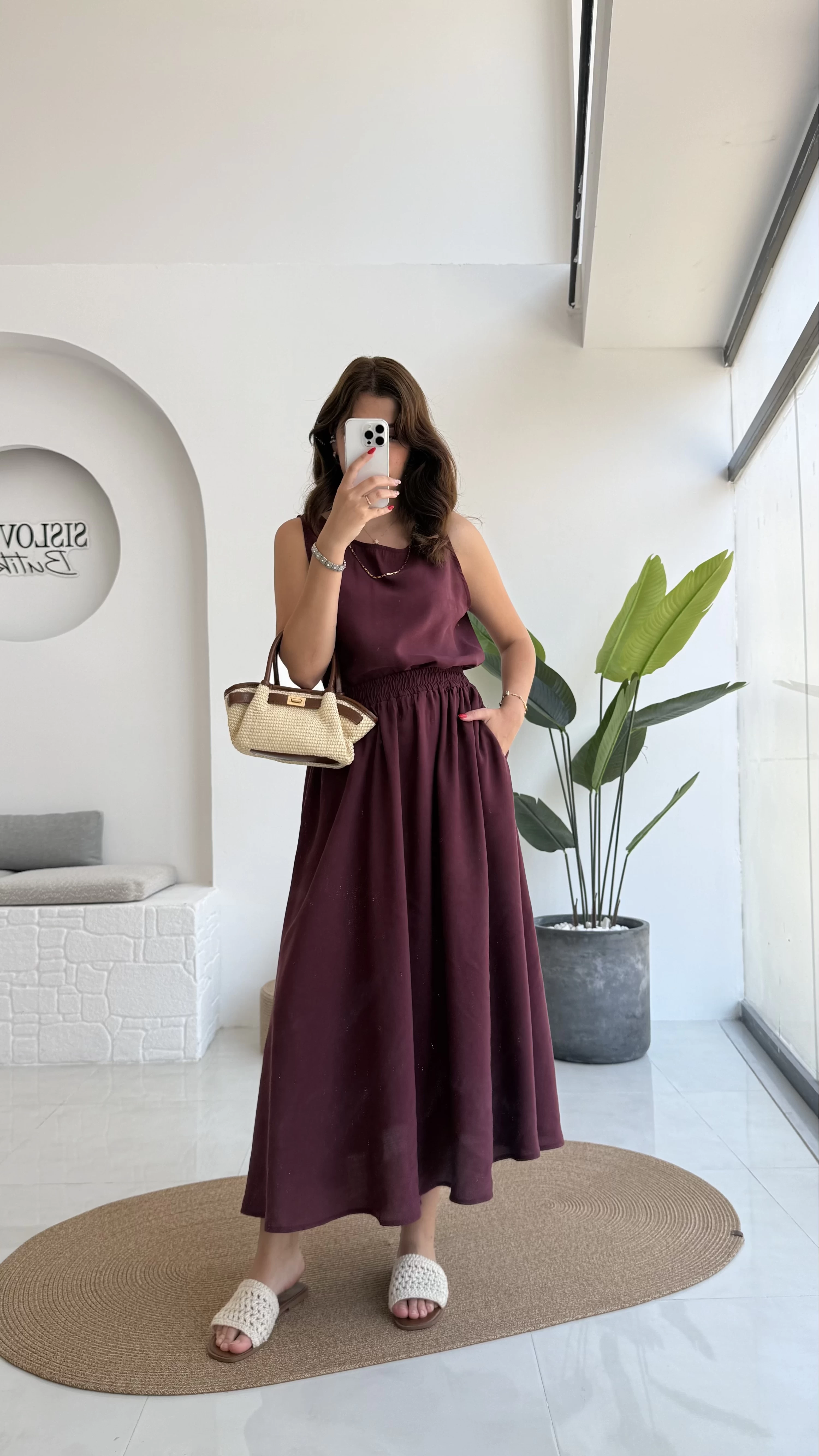 Velma Kalın Askılı Bluz Midi Etek Takım - Bordo