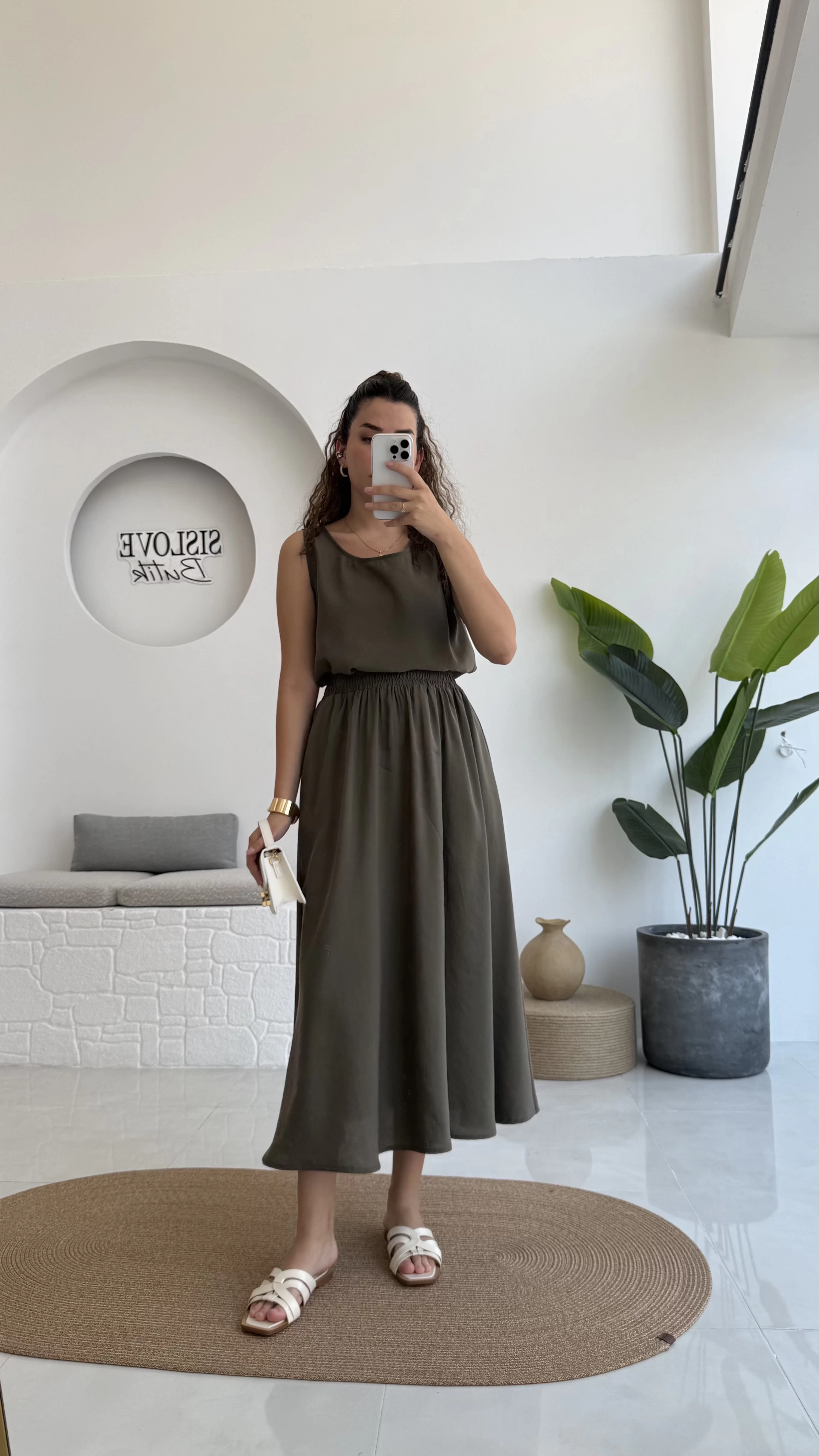 Velma Kalın Askılı Bluz Midi Etek Takım - Haki