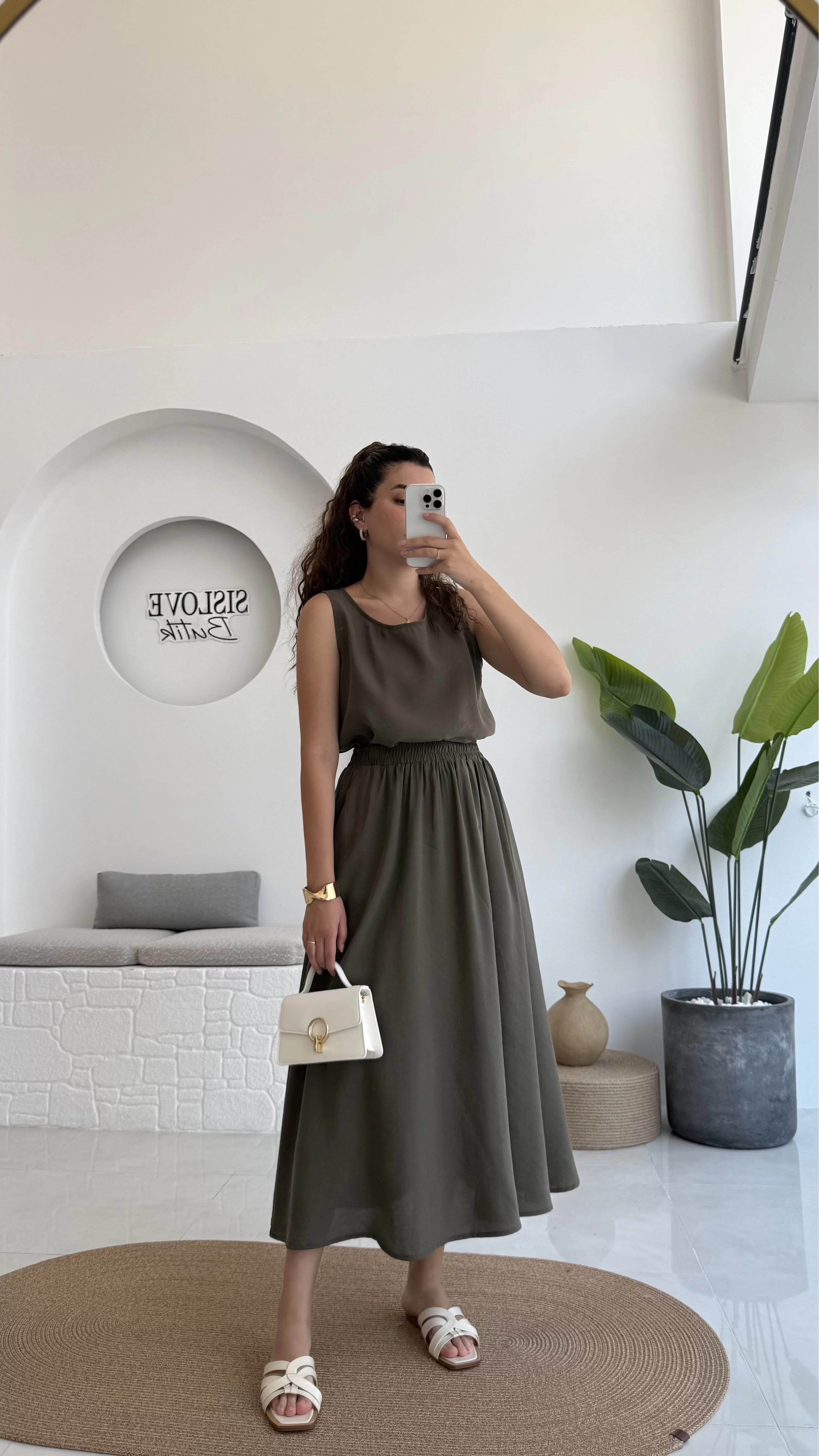 Velma Kalın Askılı Bluz Midi Etek Takım - Haki