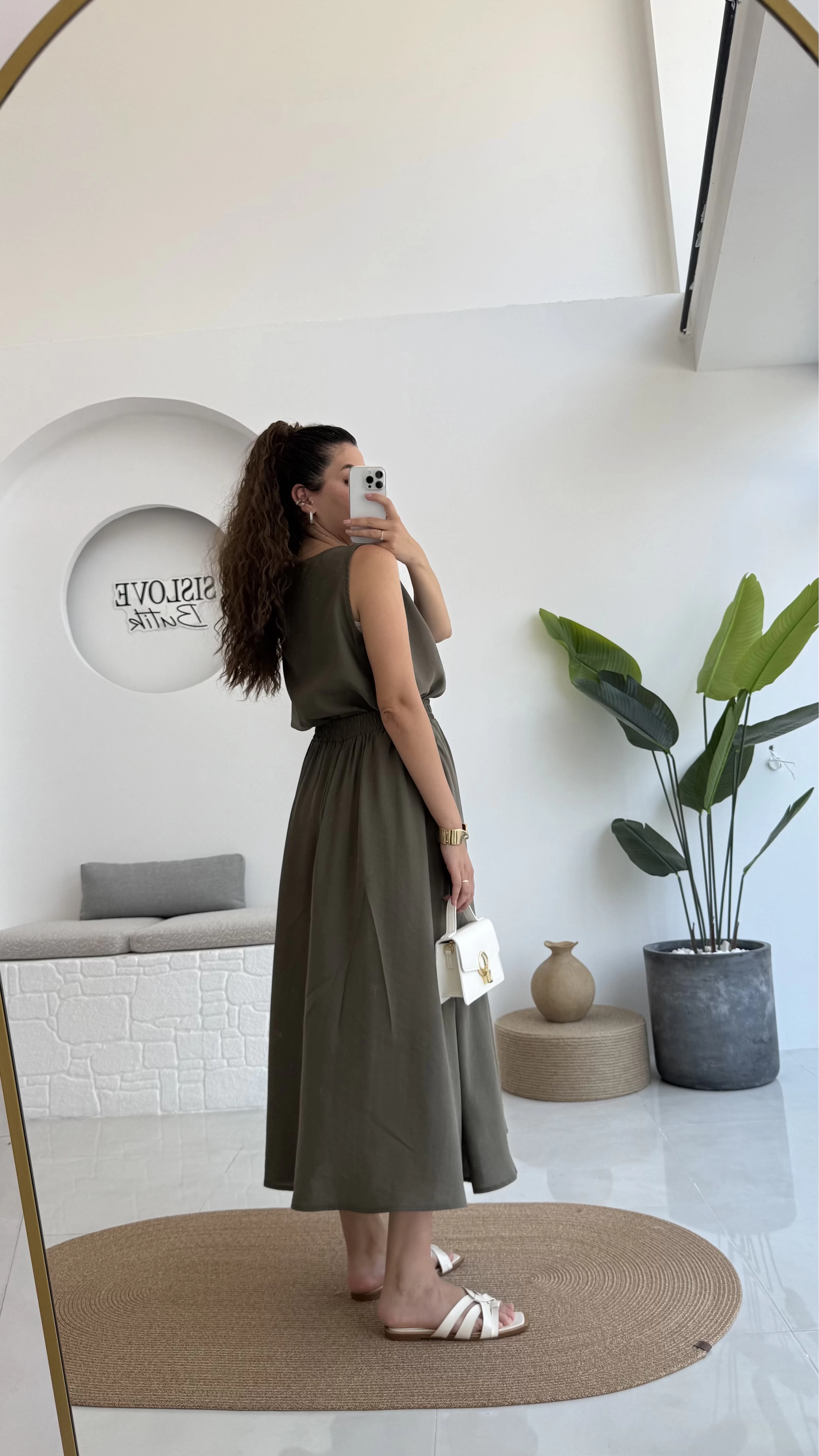 Velma Kalın Askılı Bluz Midi Etek Takım - Haki