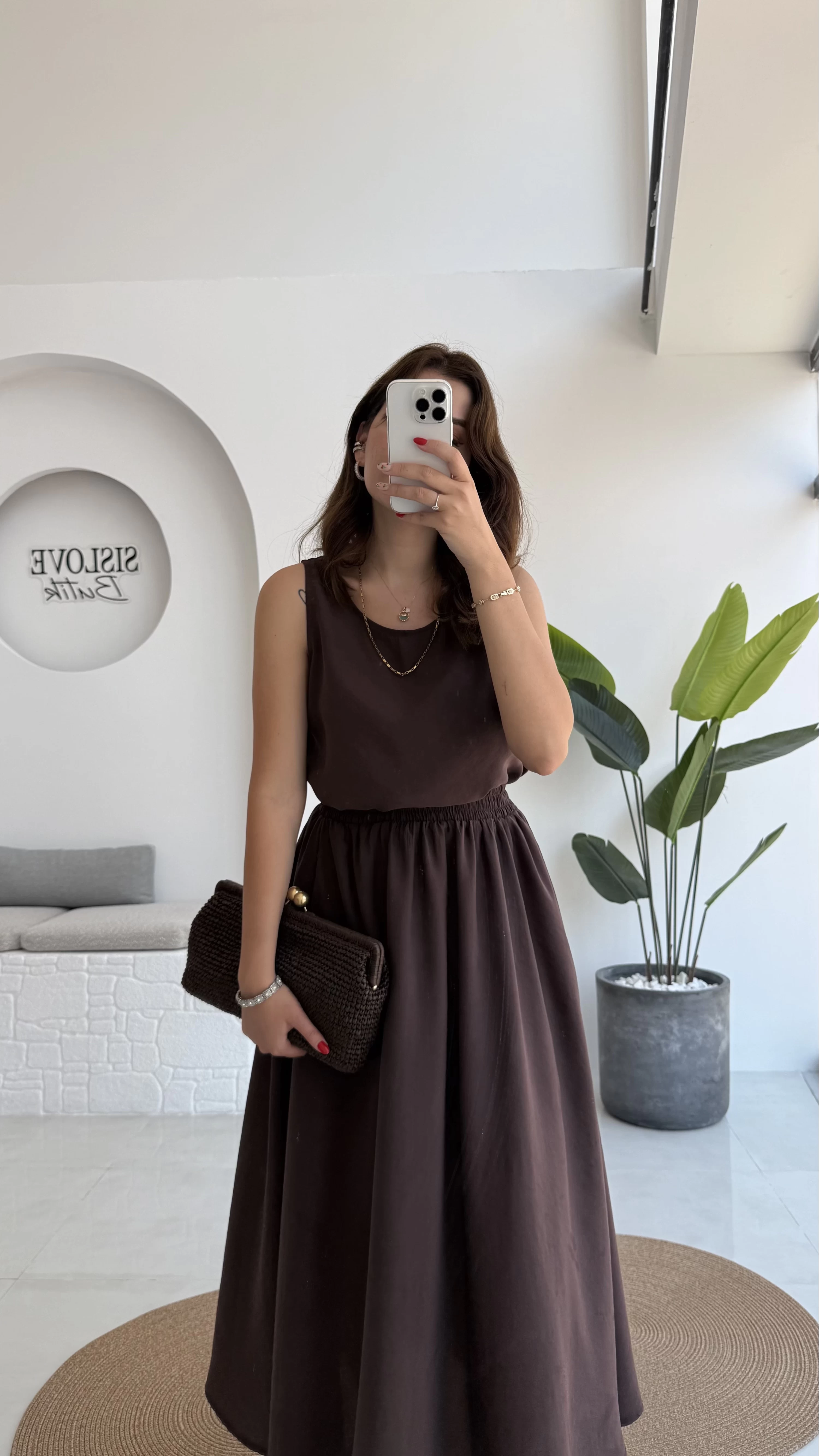 Velma Kalın Askılı Bluz Midi Etek Takım - Kahve