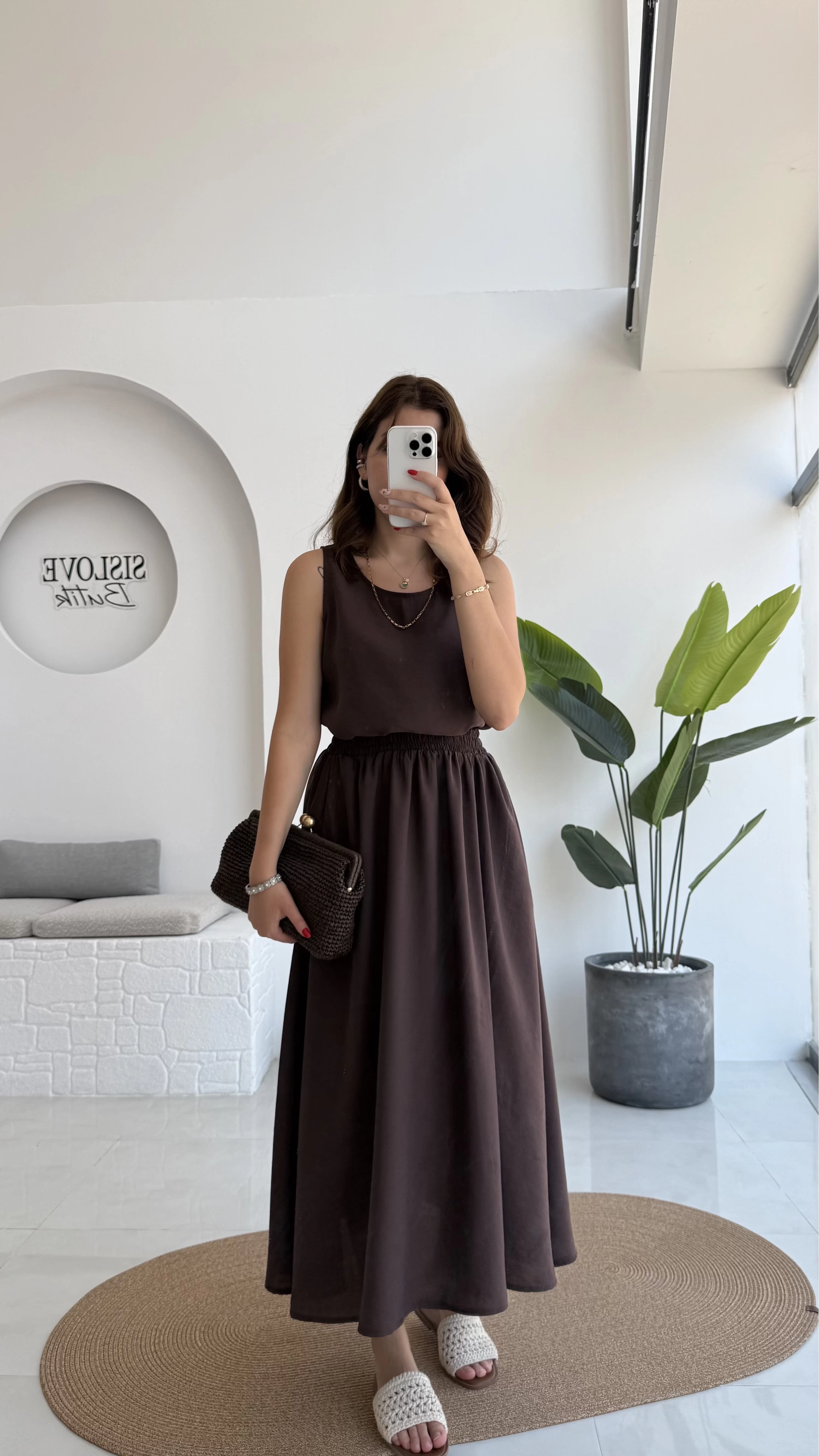 Velma Kalın Askılı Bluz Midi Etek Takım - Kahve