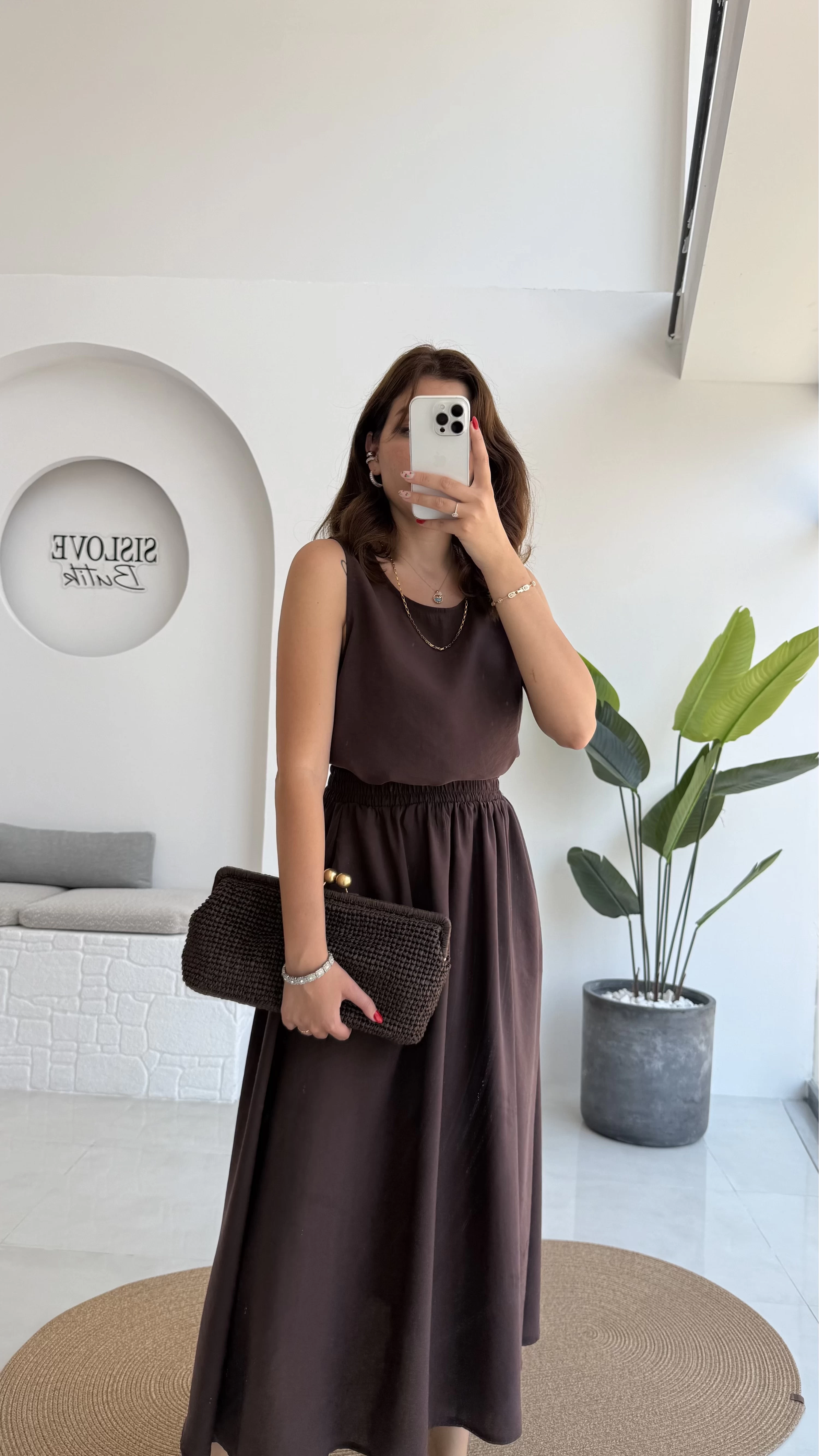 Velma Kalın Askılı Bluz Midi Etek Takım - Kahve