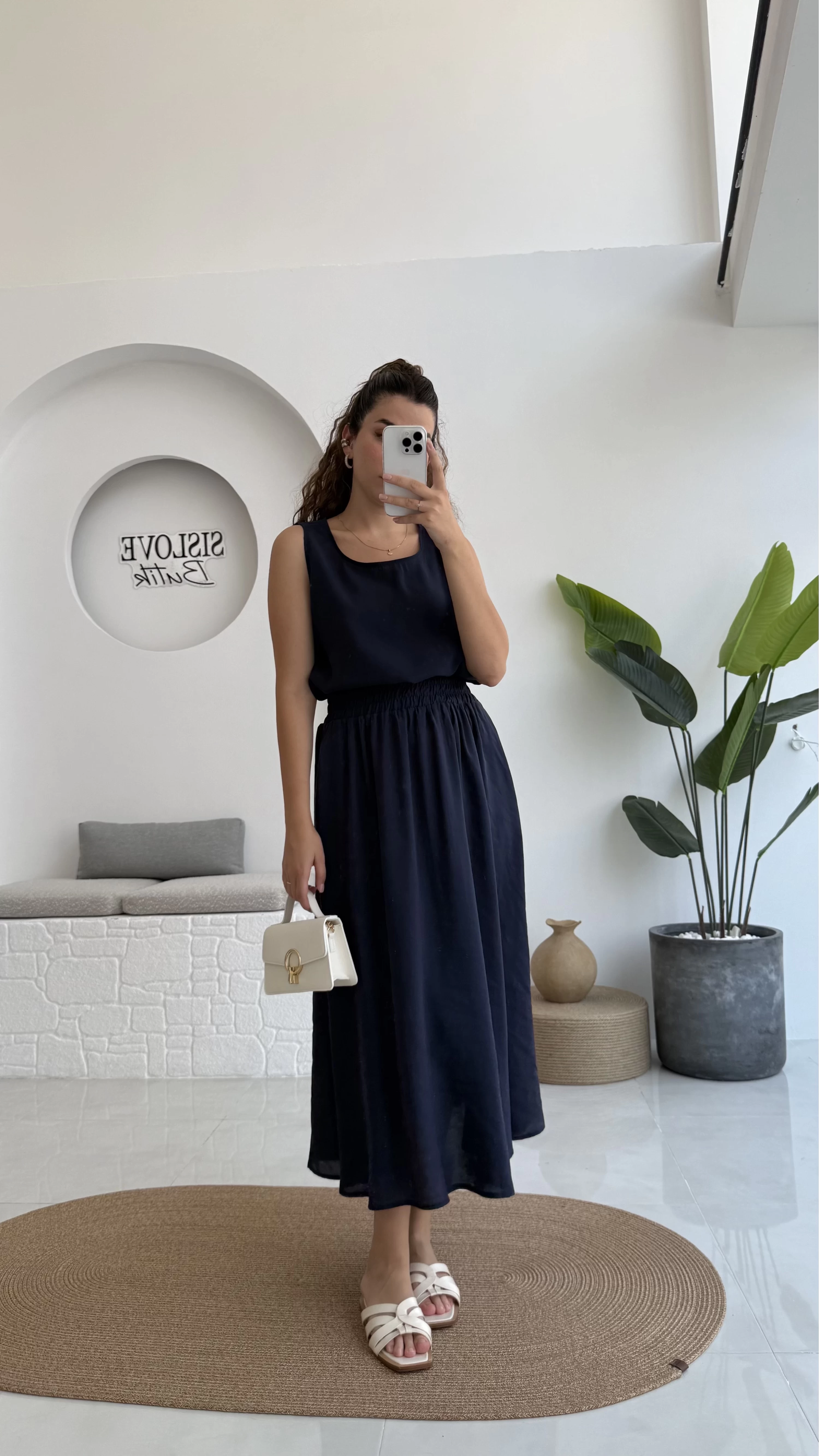 Velma Kalın Askılı Bluz Midi Etek Takım - Lacivert