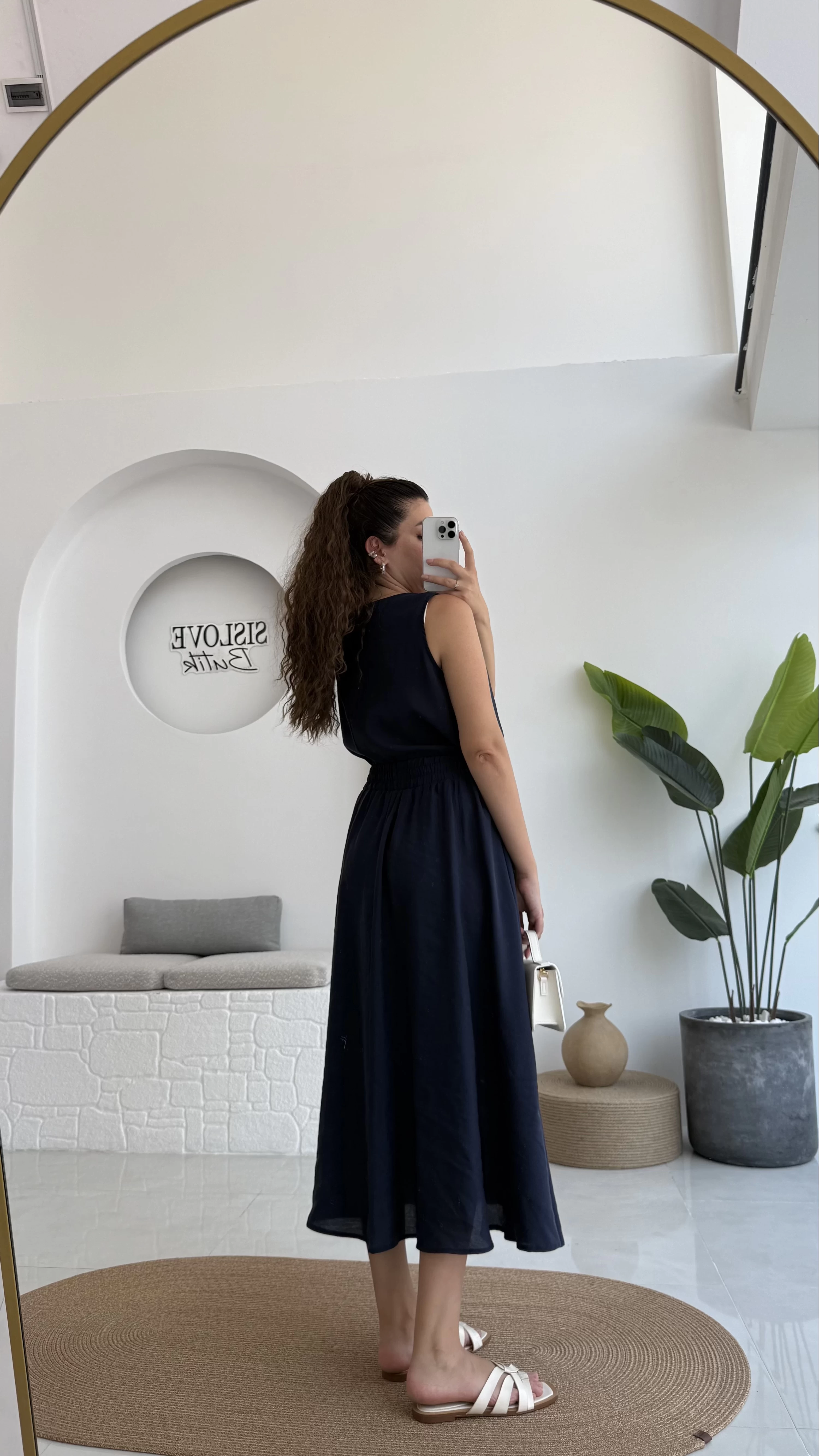 Velma Kalın Askılı Bluz Midi Etek Takım - Lacivert