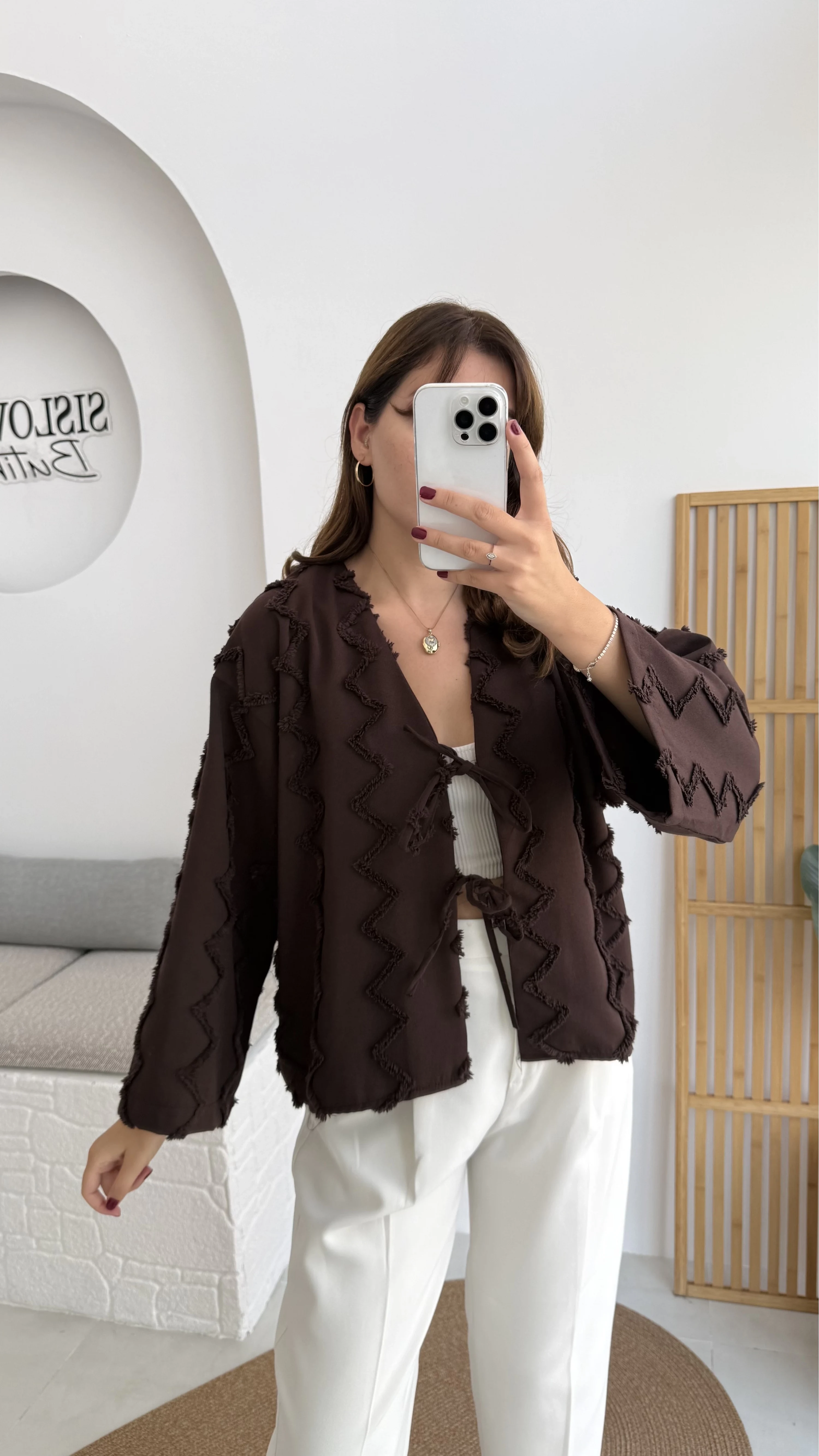 Zikzak Püsküllü Kimono - Kahverengi - Kod: 7030