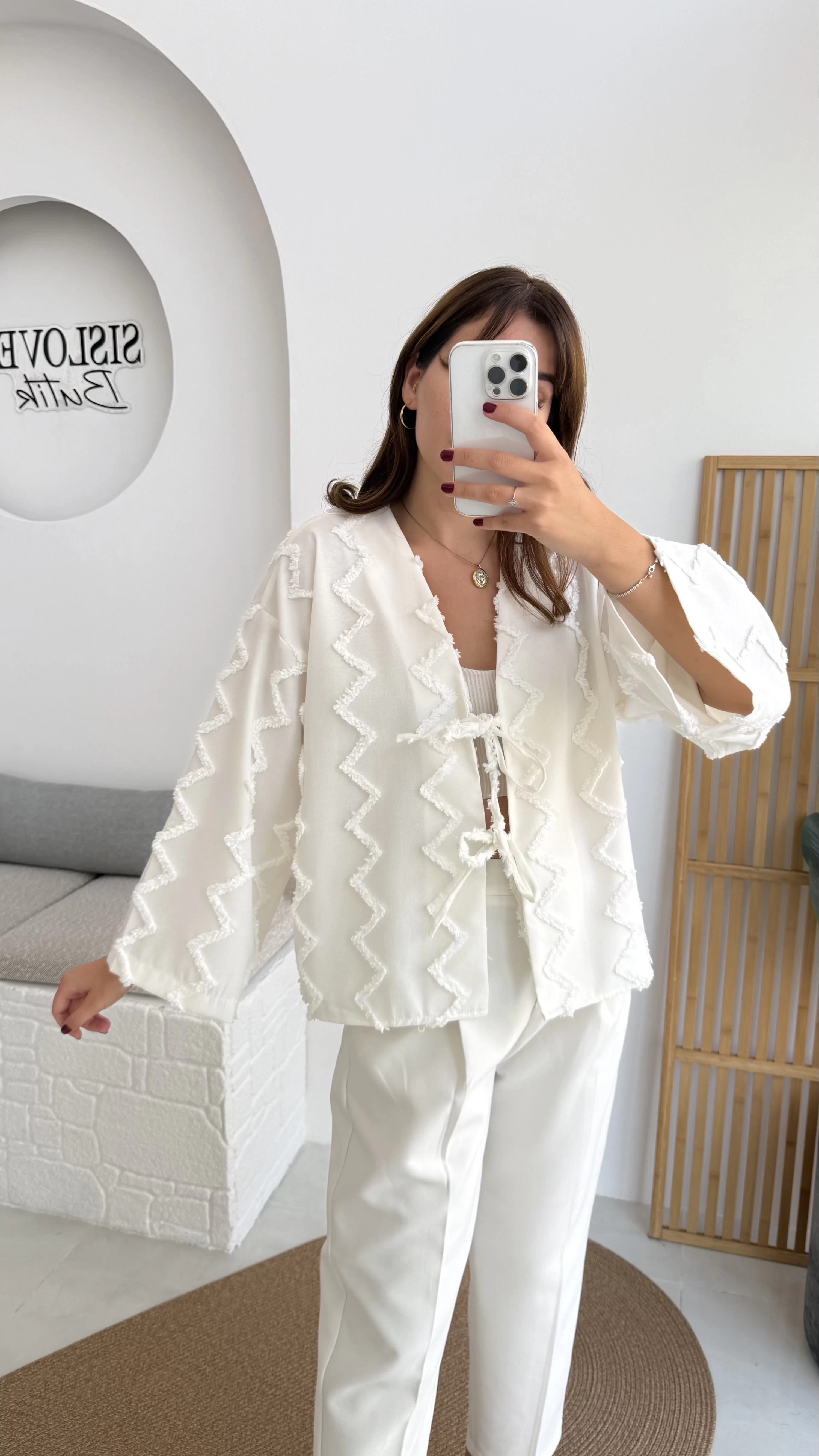 Zikzak Püsküllü Kimono - Kırık Beyaz - Kod: 7030