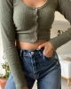 Haki Crop Düğmeli Hırka