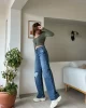 Wide Leg Mavi Tek Dizi Yırtık Jean