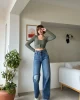 Wide Leg Mavi Tek Dizi Yırtık Jean