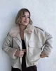Ekru Deri Oversize Peluş Ceket