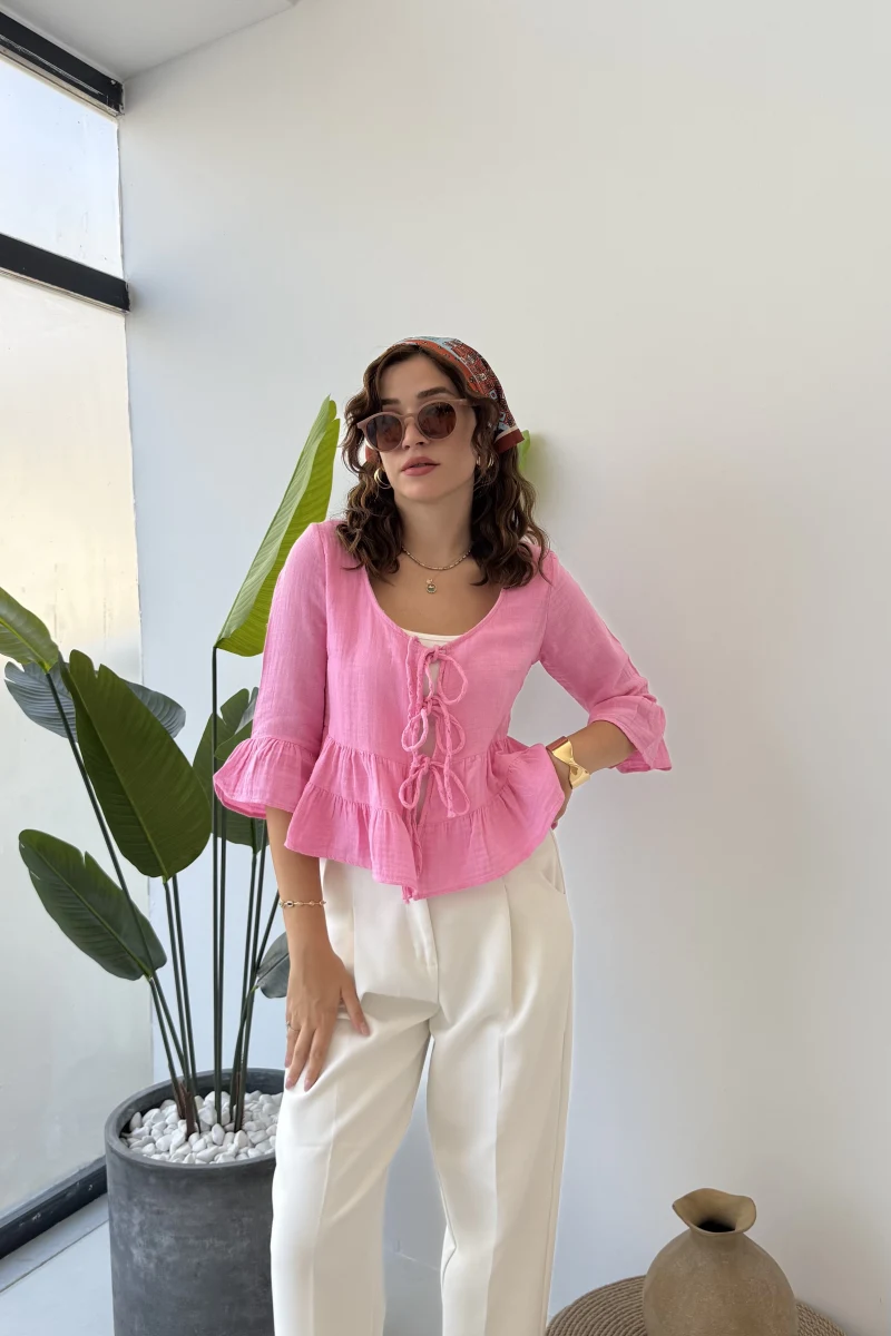 1013 - Seren Katlı Bağlamalı Bluz - Şeker Pembesi