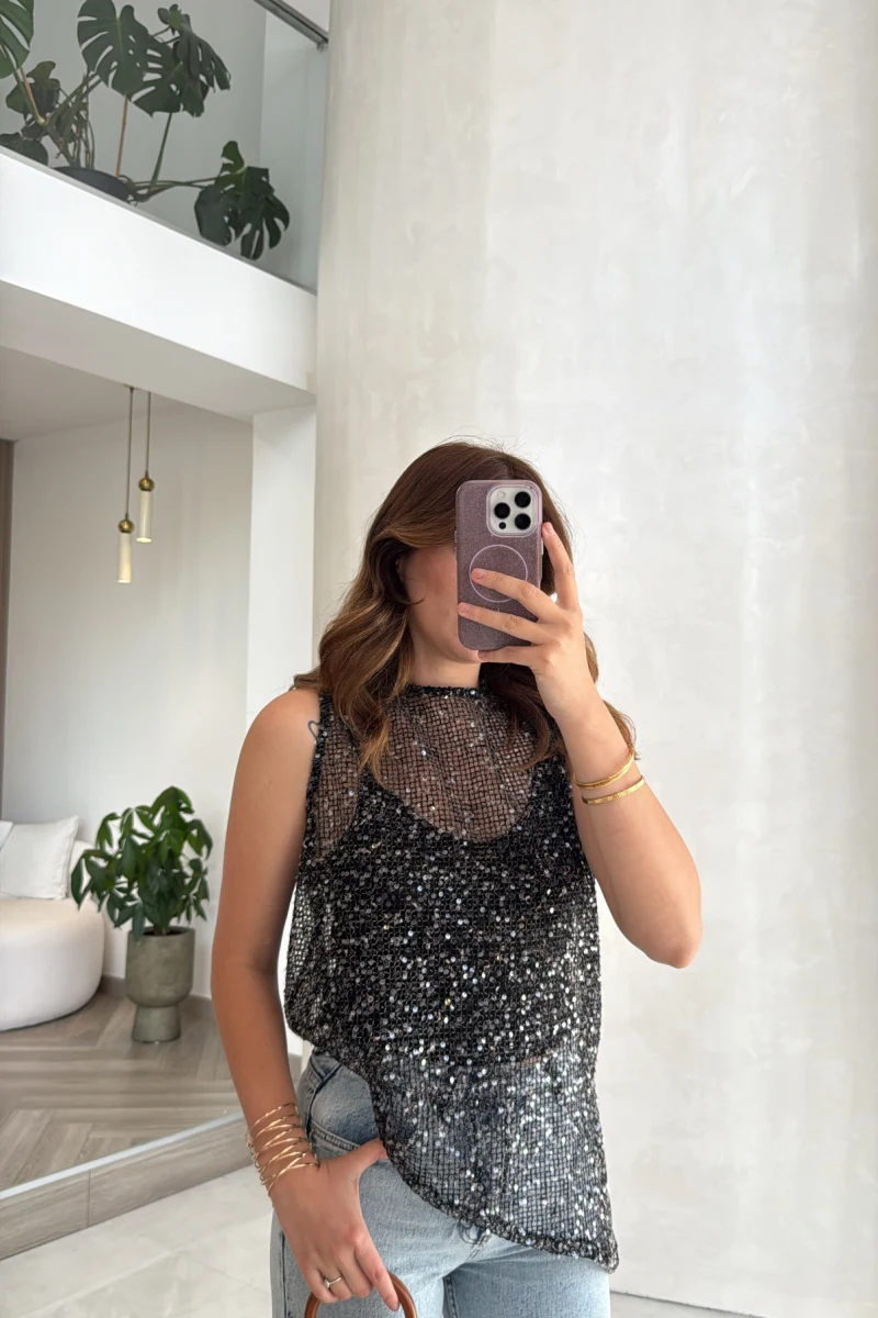 14 TEMMUZ KARGOLAMA - İçi Askılı Body Pullu Bluz - Siyah - Kod: 1115