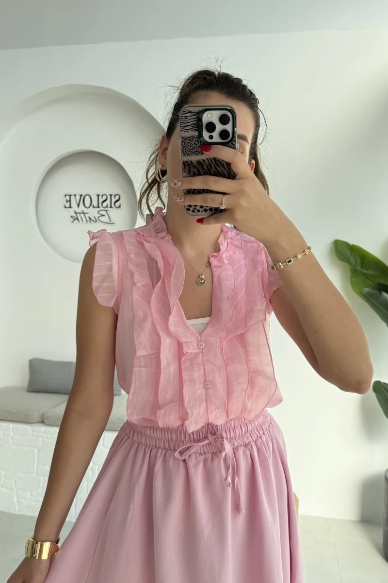 2119 - Julie Sıfır Kol Fırfırlı Gömlek - Pembe