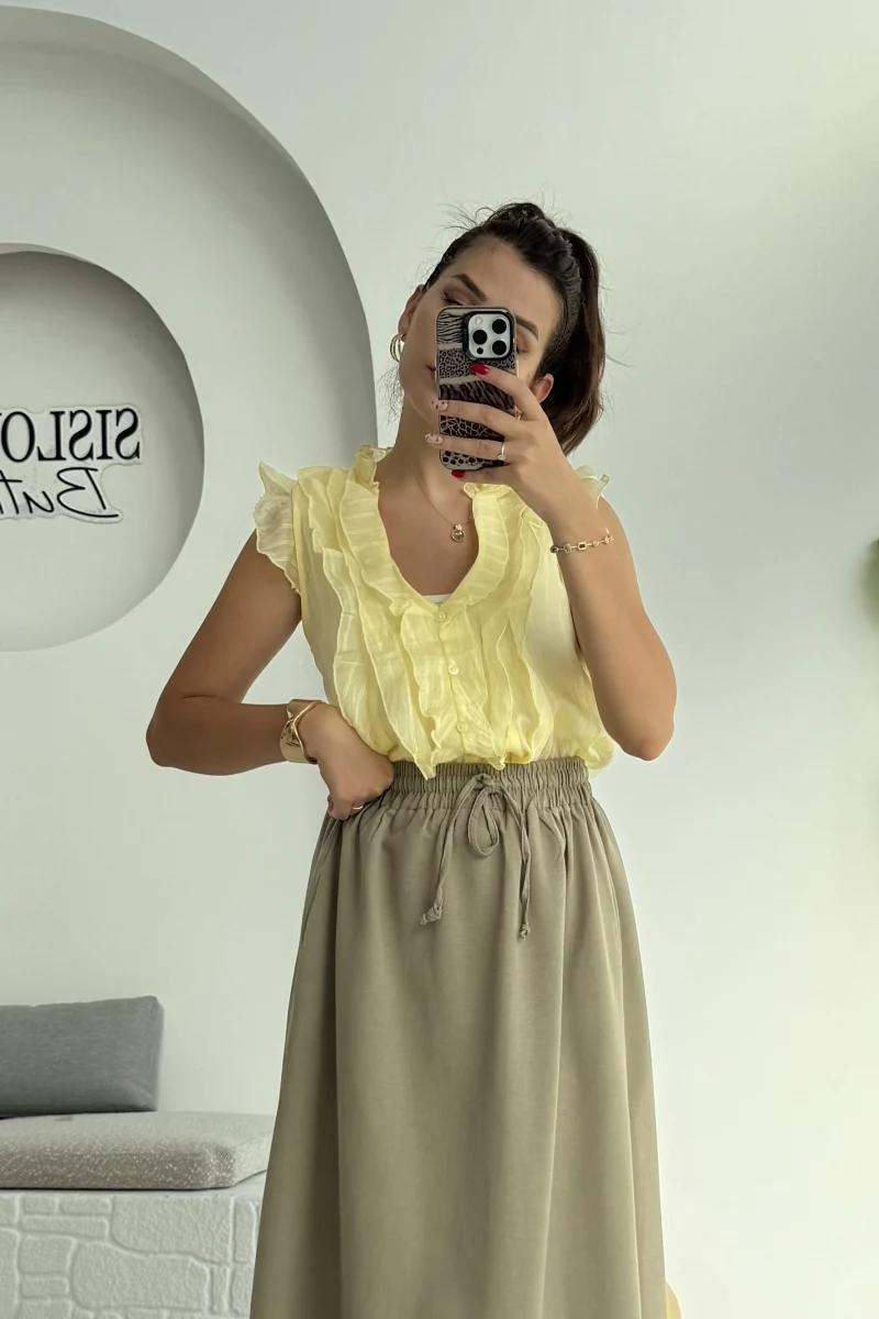 2119 - Julie Sıfır Kol Fırfırlı Gömlek - Sarı