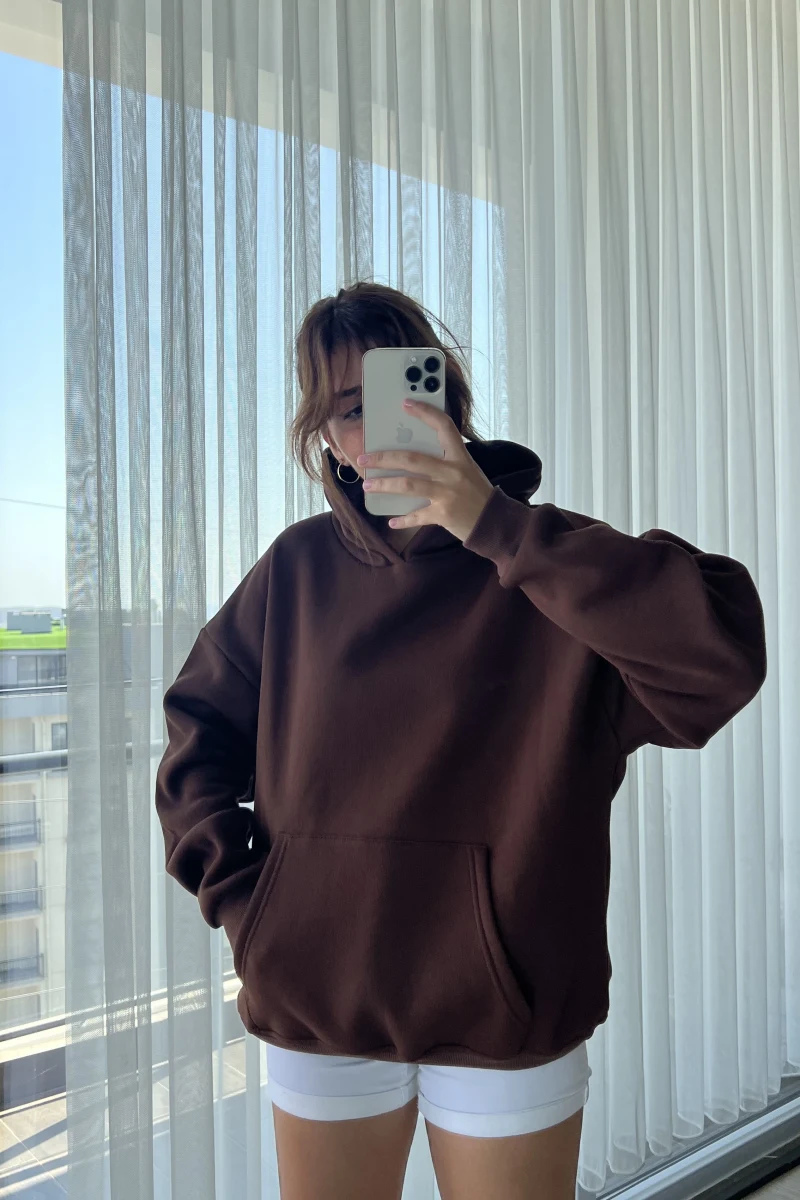 3 İplik Kapüşonlu İçi Polarlı Sweat Acı Kahve