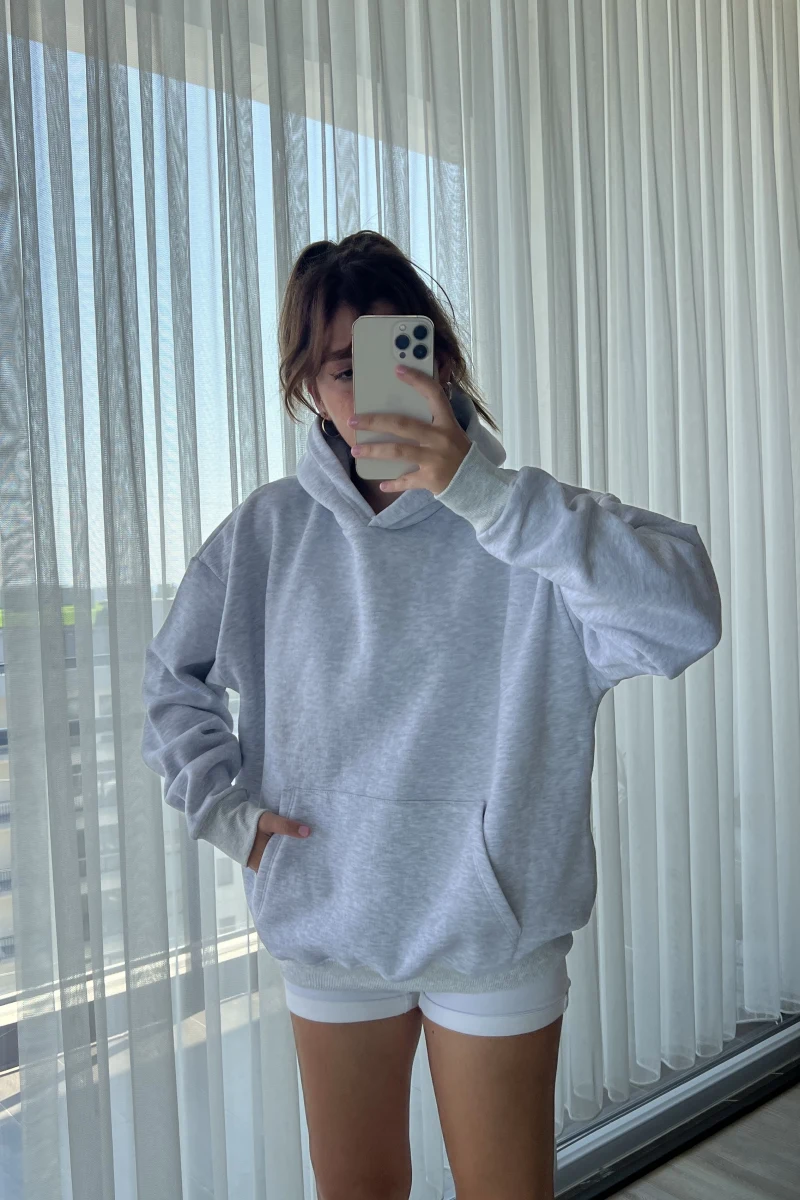 3 İplik Kapüşonlu İçi Polarlı Sweat Gri