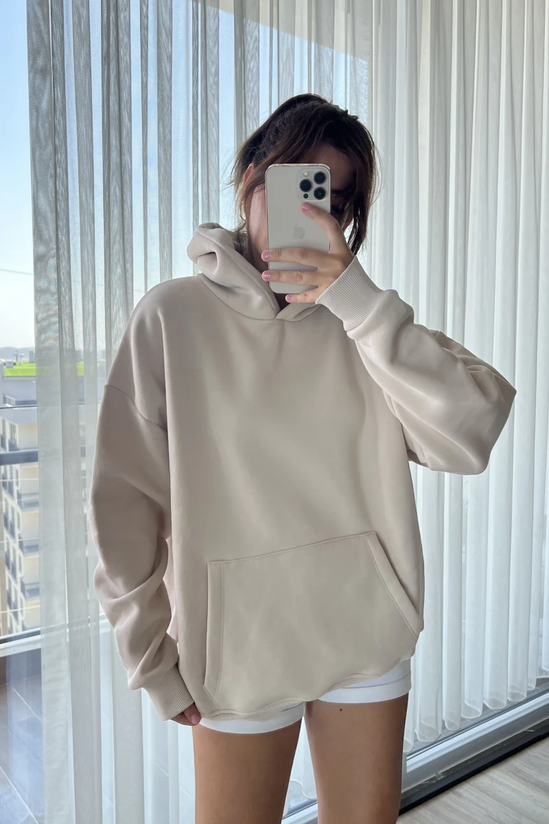 3 İplik Kapüşonlu İçi Polarlı Sweat Krem