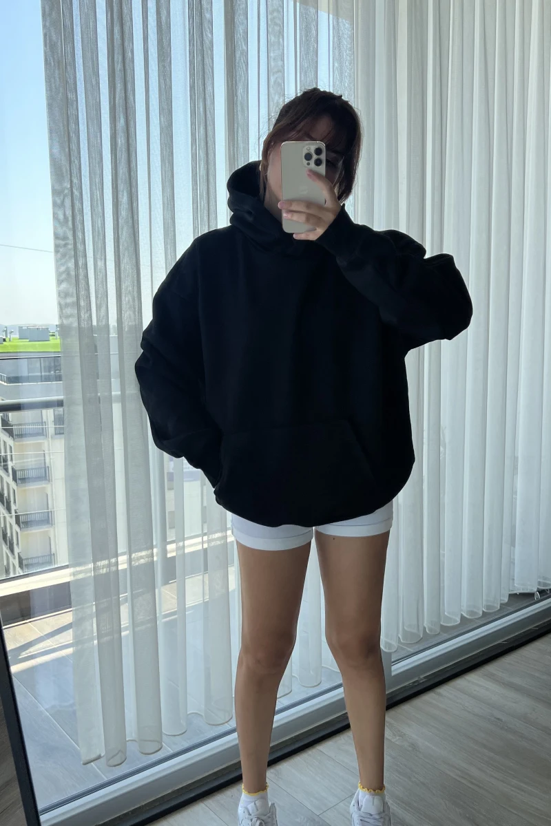 3 İplik Kapüşonlu İçi Polarlı Sweat Siyah