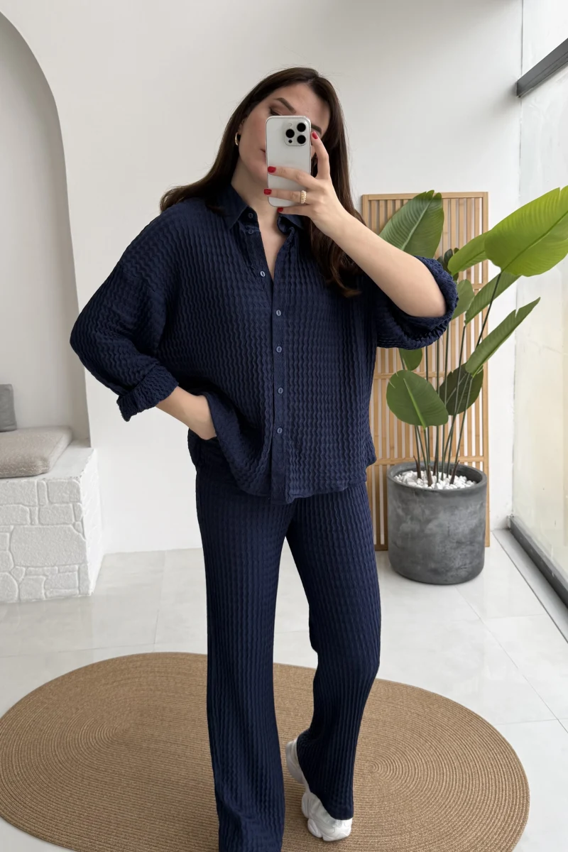 Waffle Kumaş Gömlek-Pantolon Takım - Lacivert - Kod: 6042
