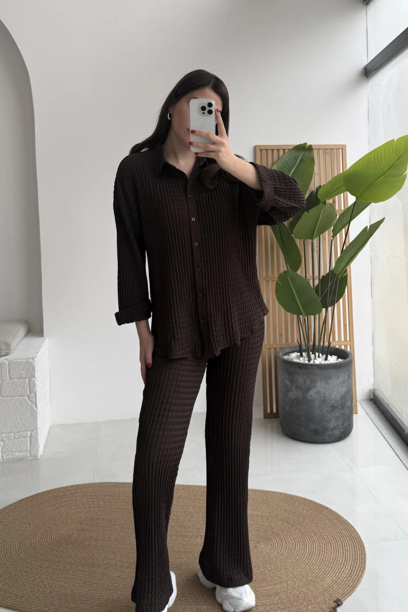 Waffle Kumaş Gömlek-Pantolon Takım - Kahverengi - Kod: 6042