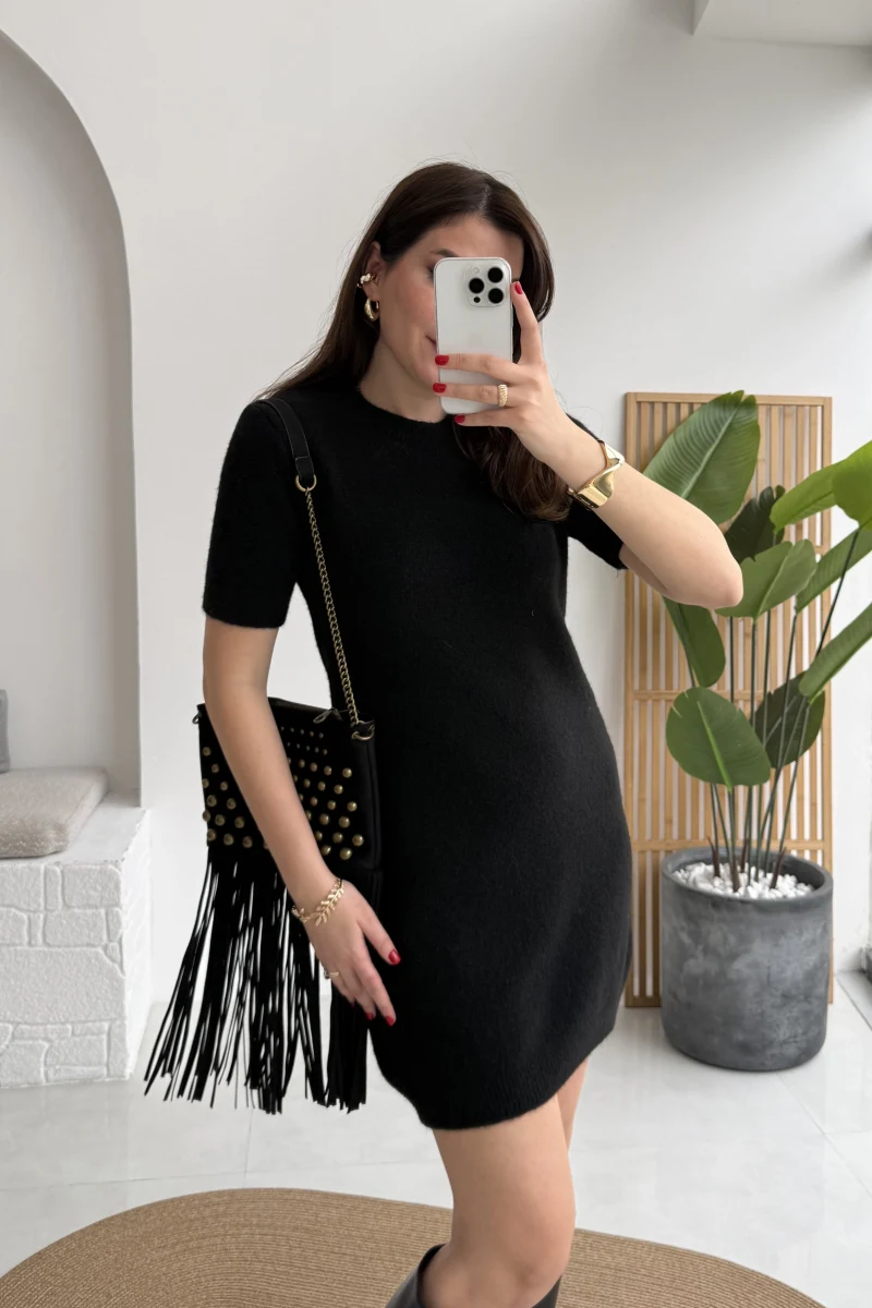 Ingrid Yarım Kol Mini Elbise - Siyah - Kod: 90257