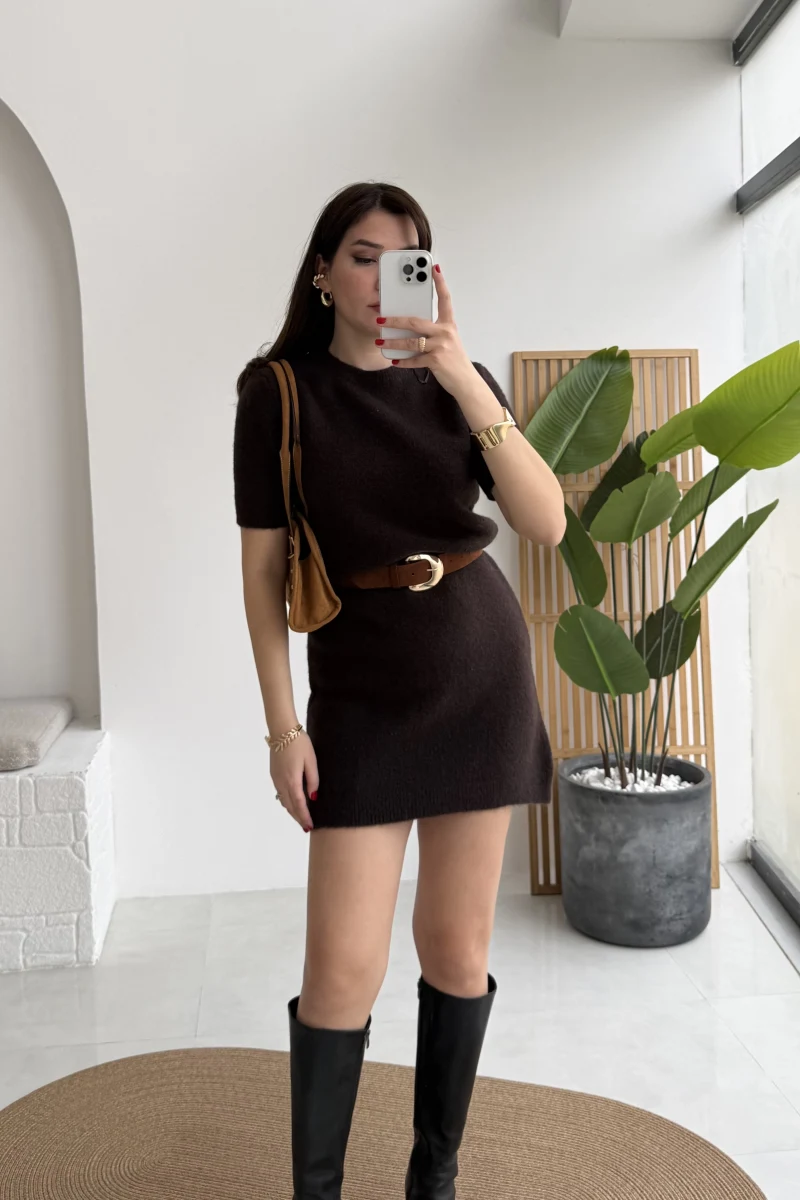 Ingrid Yarım Kol Mini Elbise - Acı Kahve - Kod: 90257