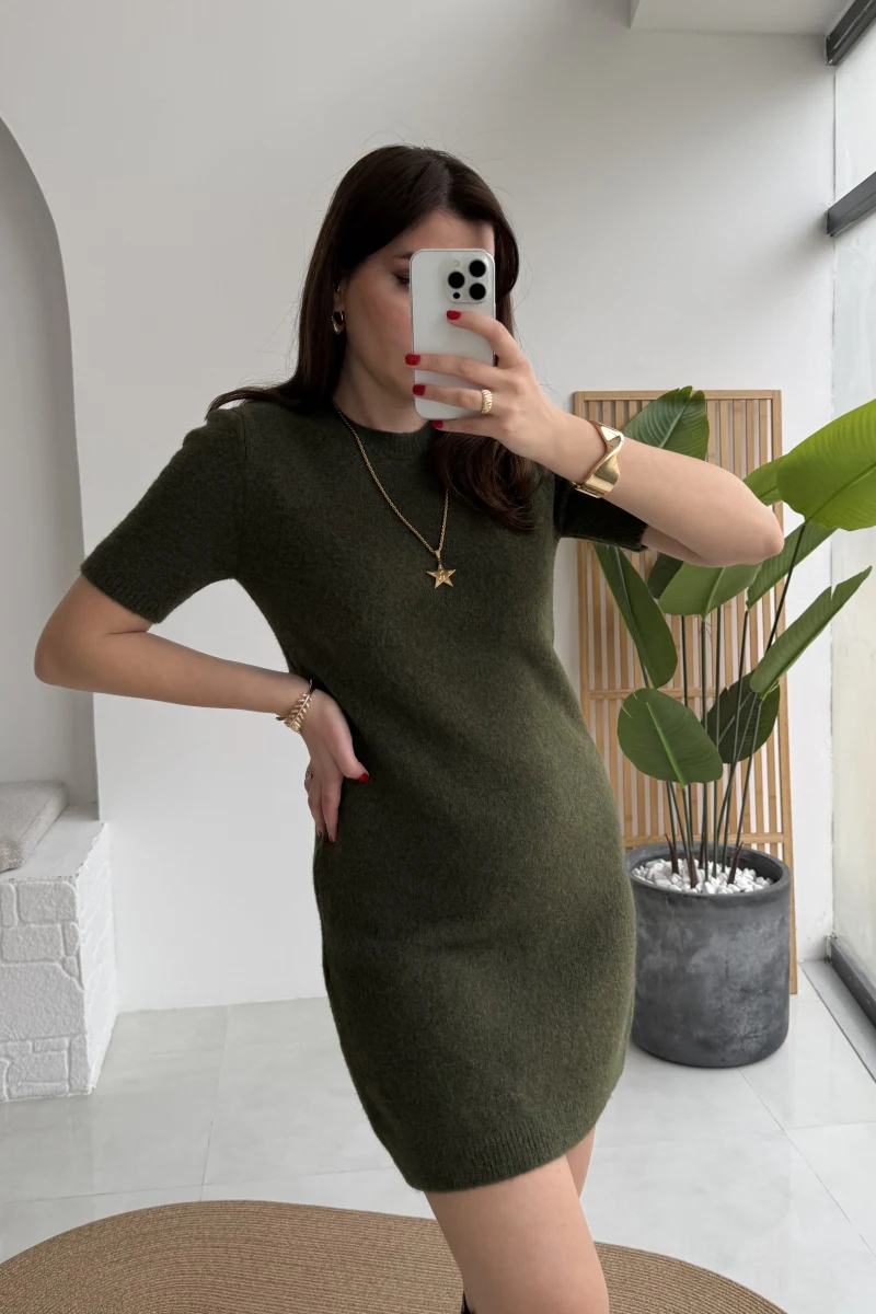 Ingrid Yarım Kol Mini Elbise - Haki - Kod: 90257
