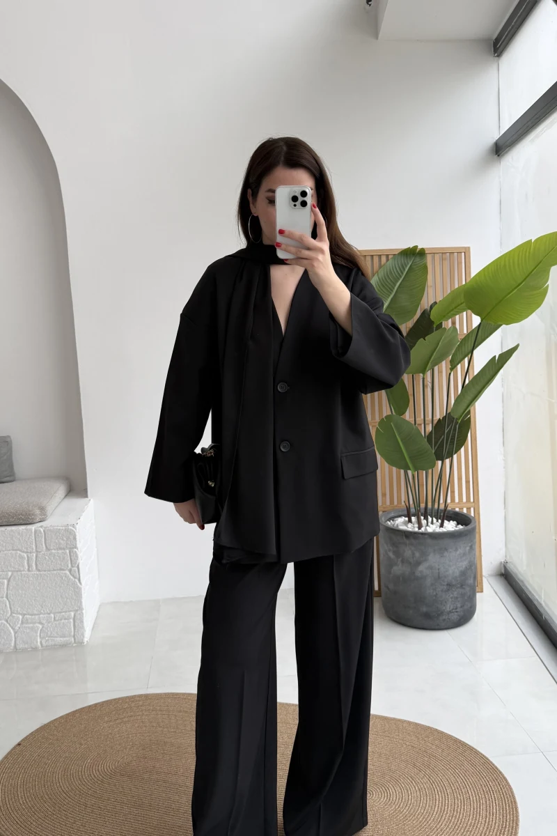 Yuna Fular Detay Bağcıklı Ceket Takım - Siyah - Kod: 6003