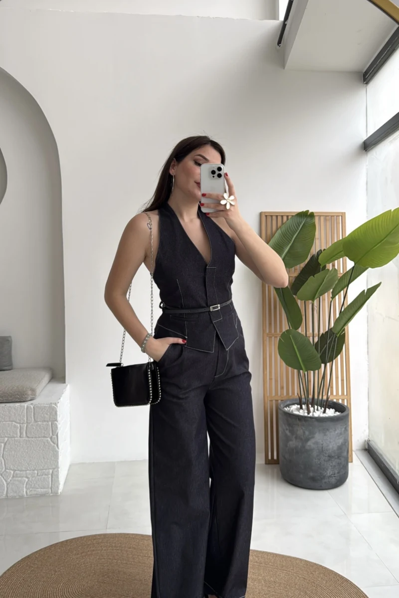 Reyna Kemerli Yelek Takım - Denim Mavisi - Kod: 8919