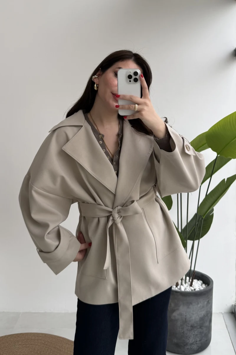 Andres Kemerli Dökümlü Trenç - Taş - Kod: 7658