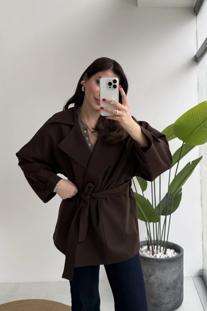 Andres Kemerli Dökümlü Trenç - Acı Kahve - Kod: 7658