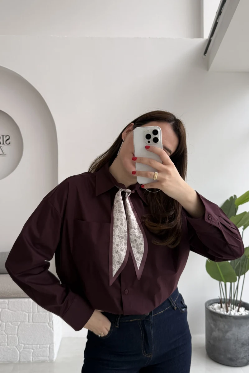 Claire Fularlı Gömlek - Mürdüm - Kod: 5427