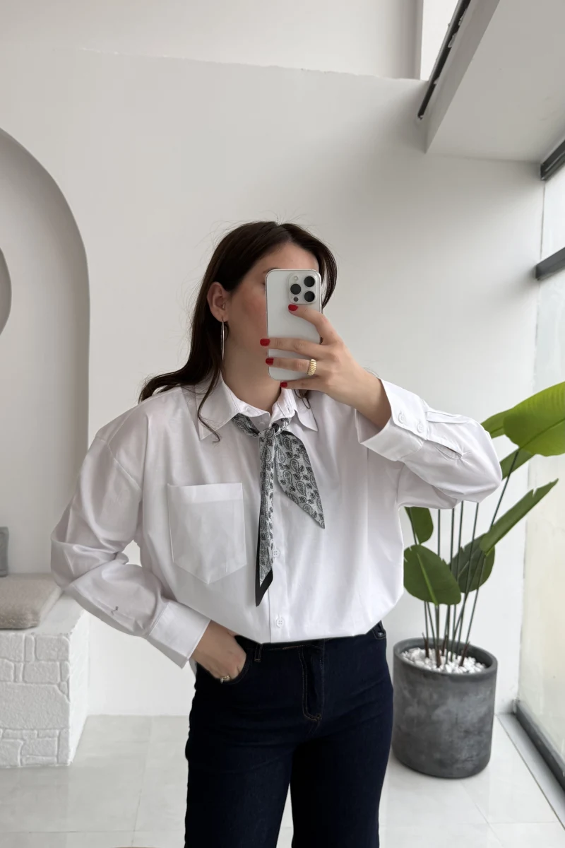 Claire Fularlı Gömlek - Beyaz - Kod: 5427