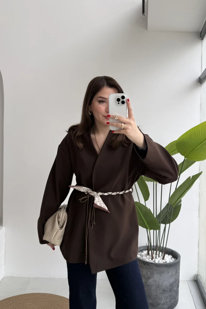 Brooklyn Fular Kemerli Ceket - Acı Kahve - Kod: 7673